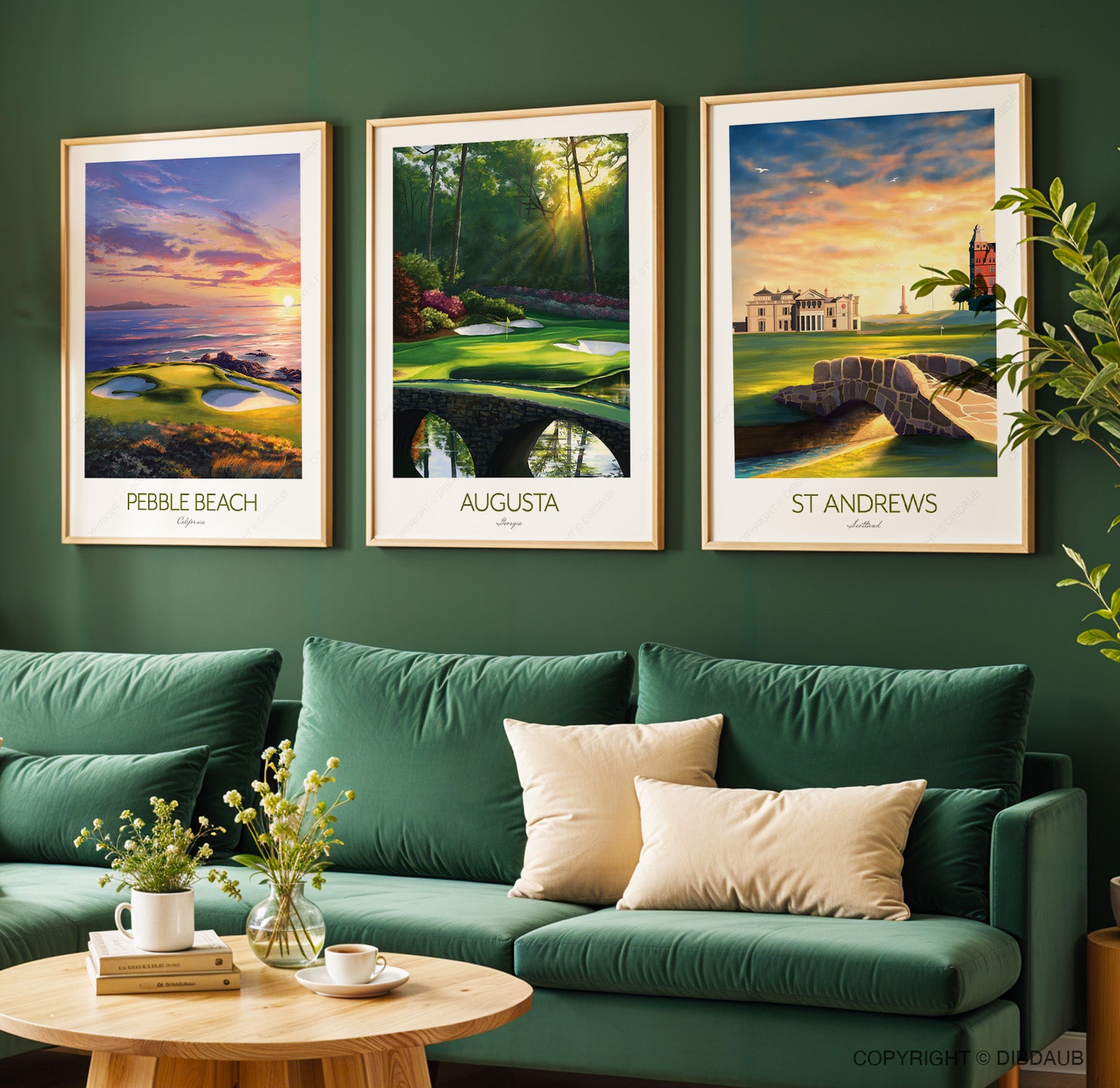 Three framed golf course art prints of Pebble Beach, Augusta, and St Andrews on a green wall above a sofa.