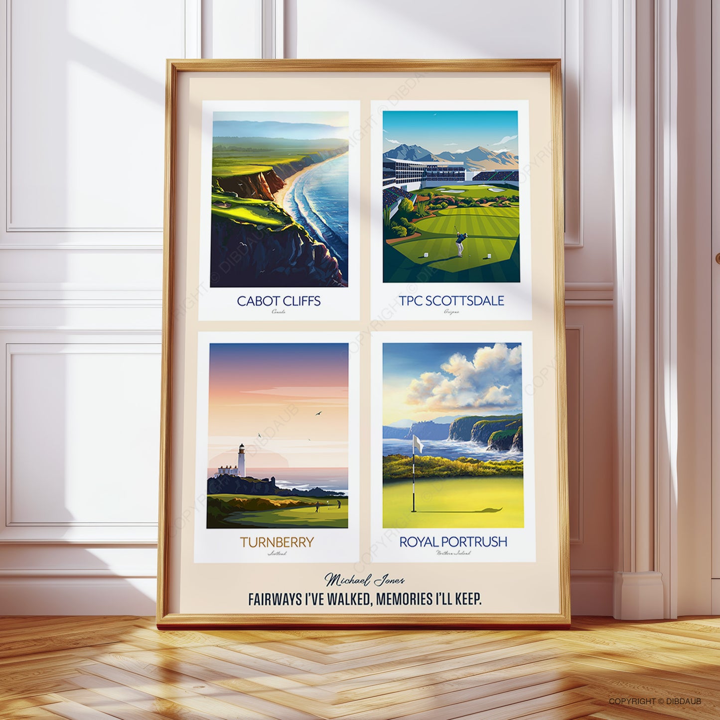 Framed artwork with four custom golf course images and personal message.