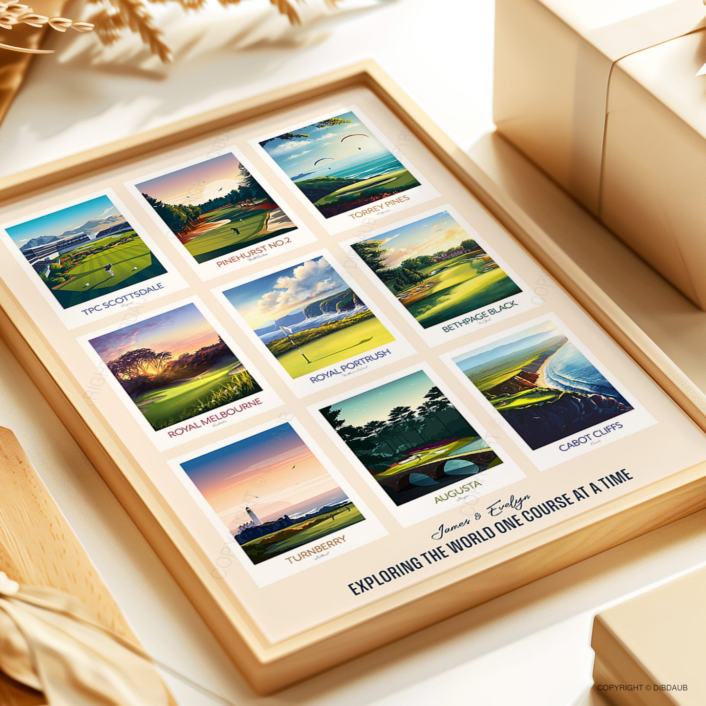 Framed print with scenic golf course illustrations on a light surface.