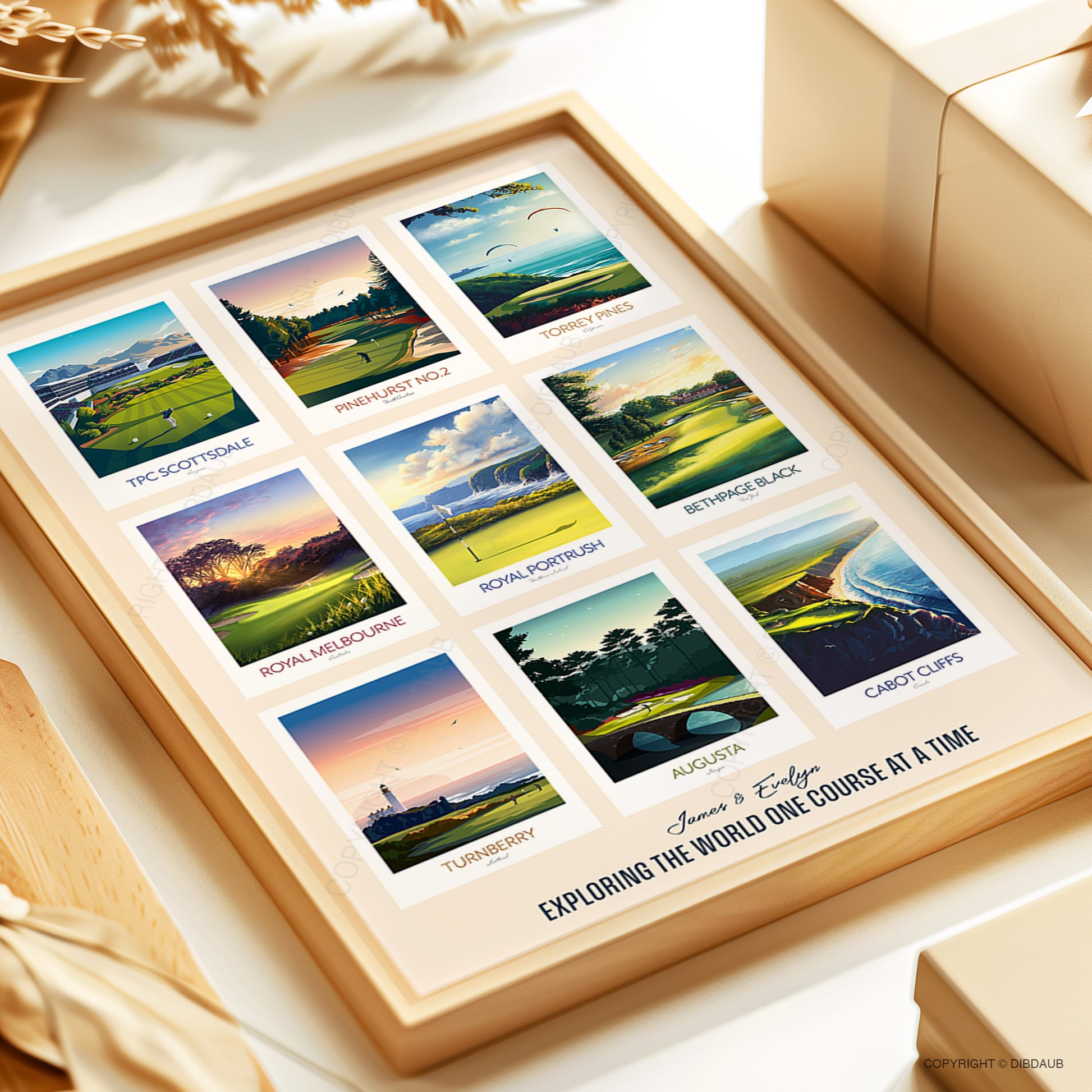 Framed print with scenic golf course illustrations on a light surface.