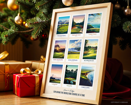 Framed print of golf course images under a decorated Christmas tree with presents.