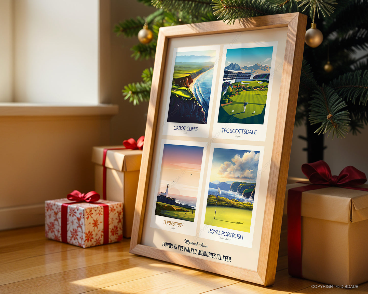 Personalised framed golf print with world famous golf courses, message and name, placed under Christmas tree.