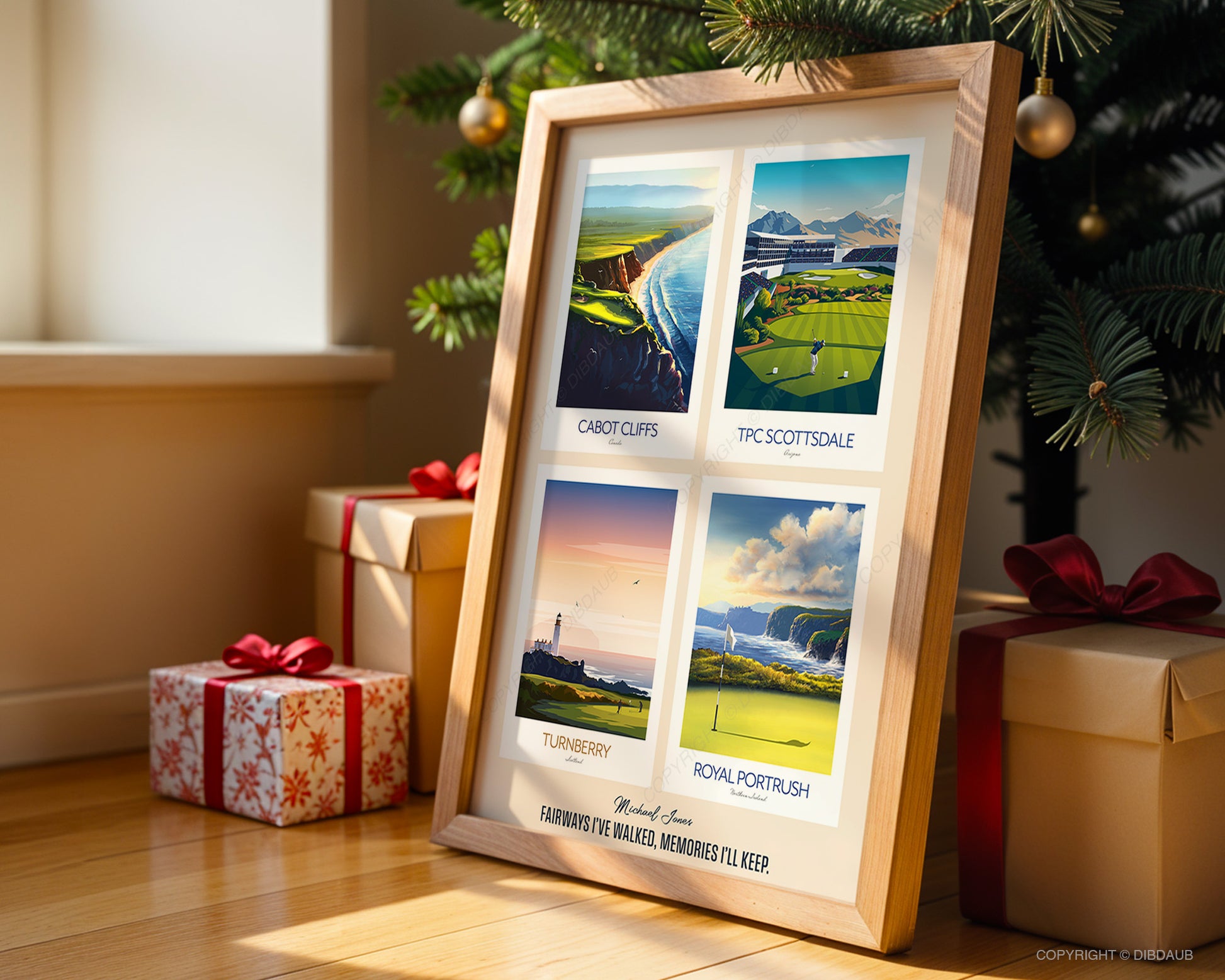 Personalised framed golf print with world famous golf courses, message and name, placed under Christmas tree.