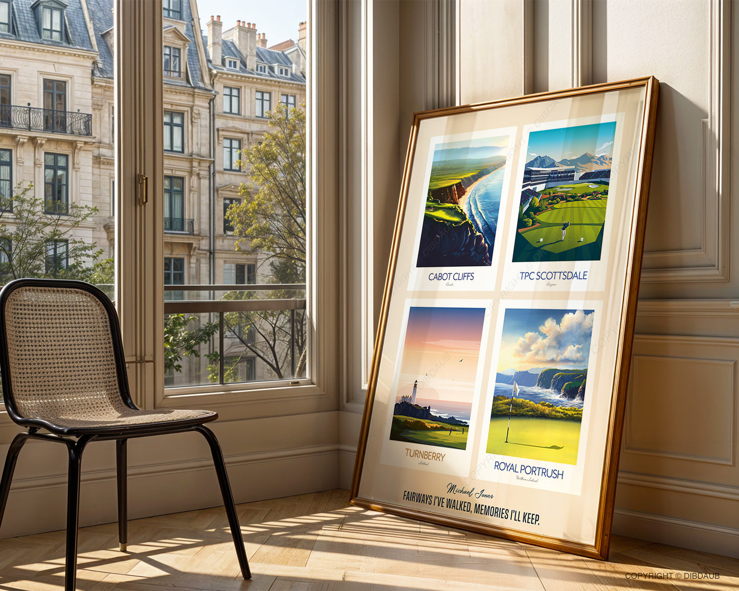 Framed golf posters on a wall next to a window with cityscape view