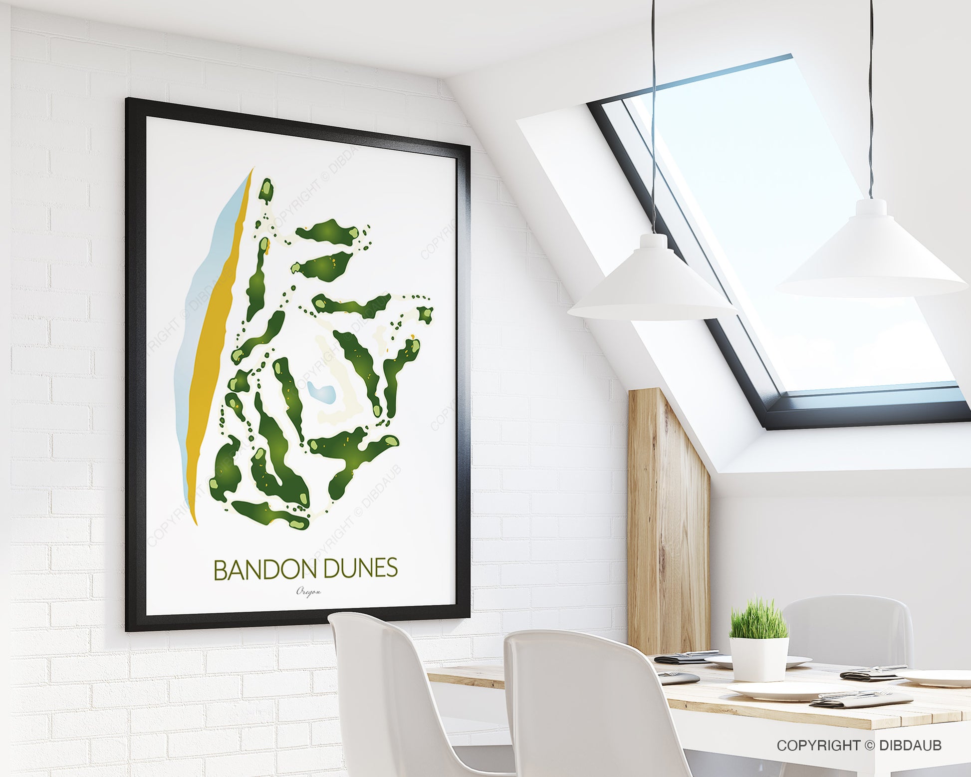 Framed golf course map print titled 'Bandon Dunes' on a wall in a modern room.