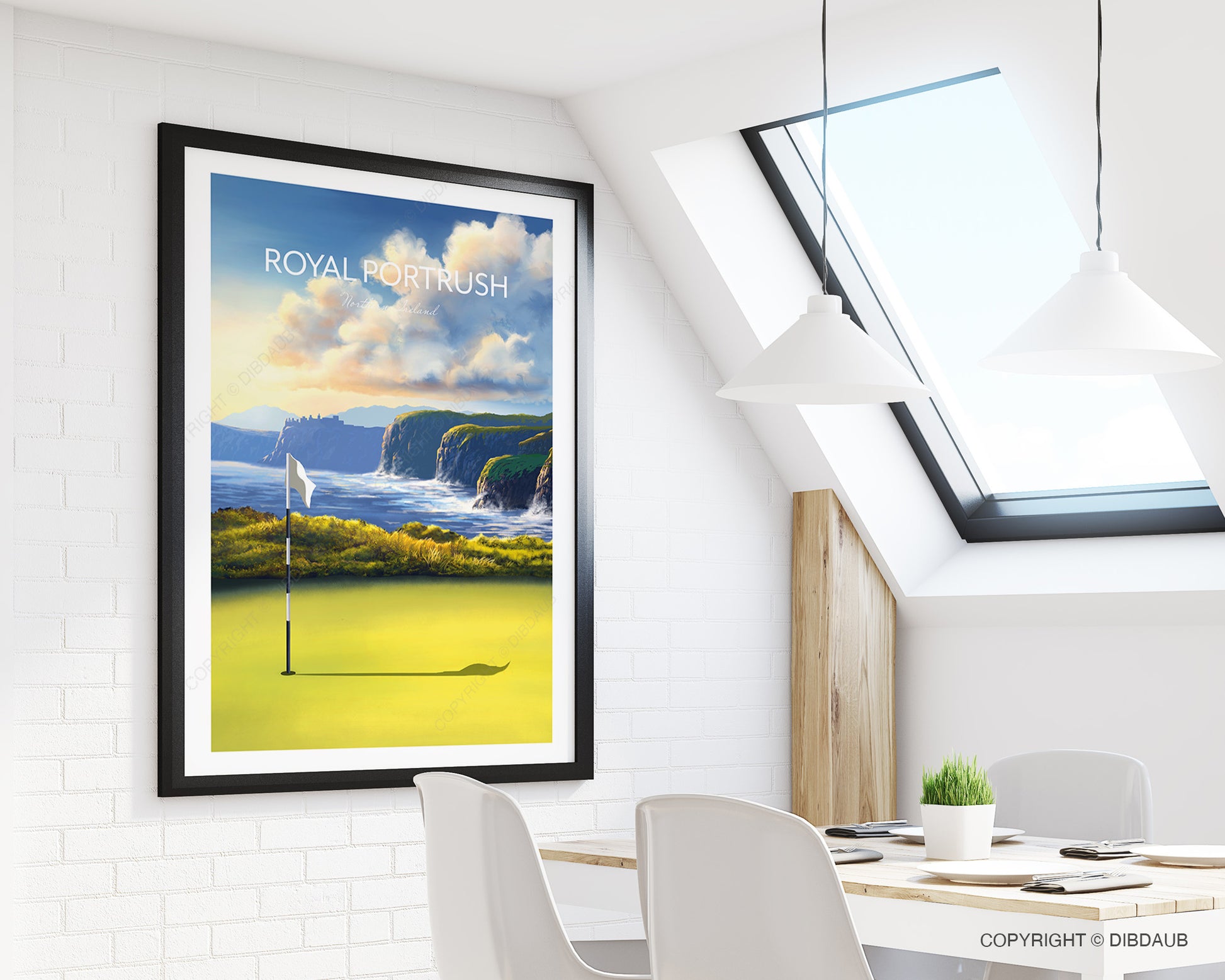Framed golf course artwork of Royal Portrush in a modern white dining room and apartment.