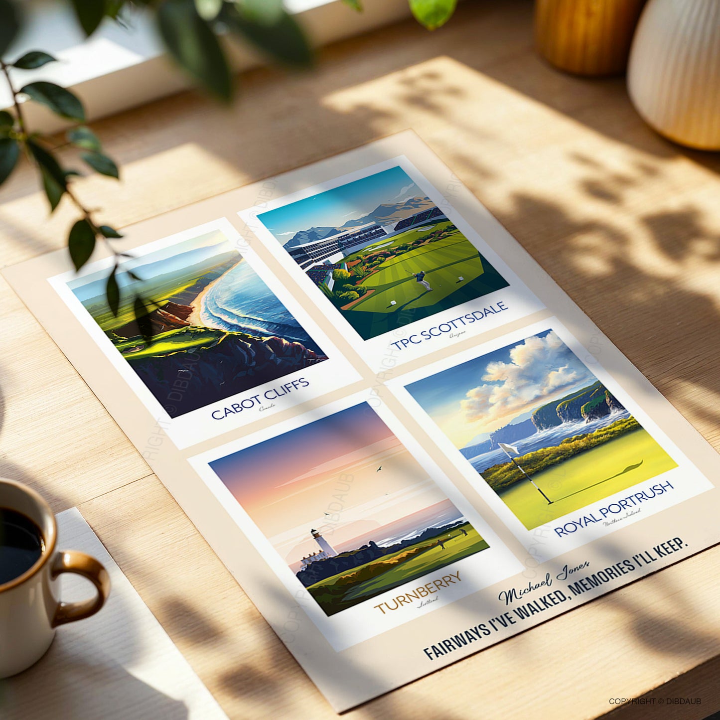 Personalised golf print  with World famous courses and personal message, sitting on a wooden surface with a cup of coffee.