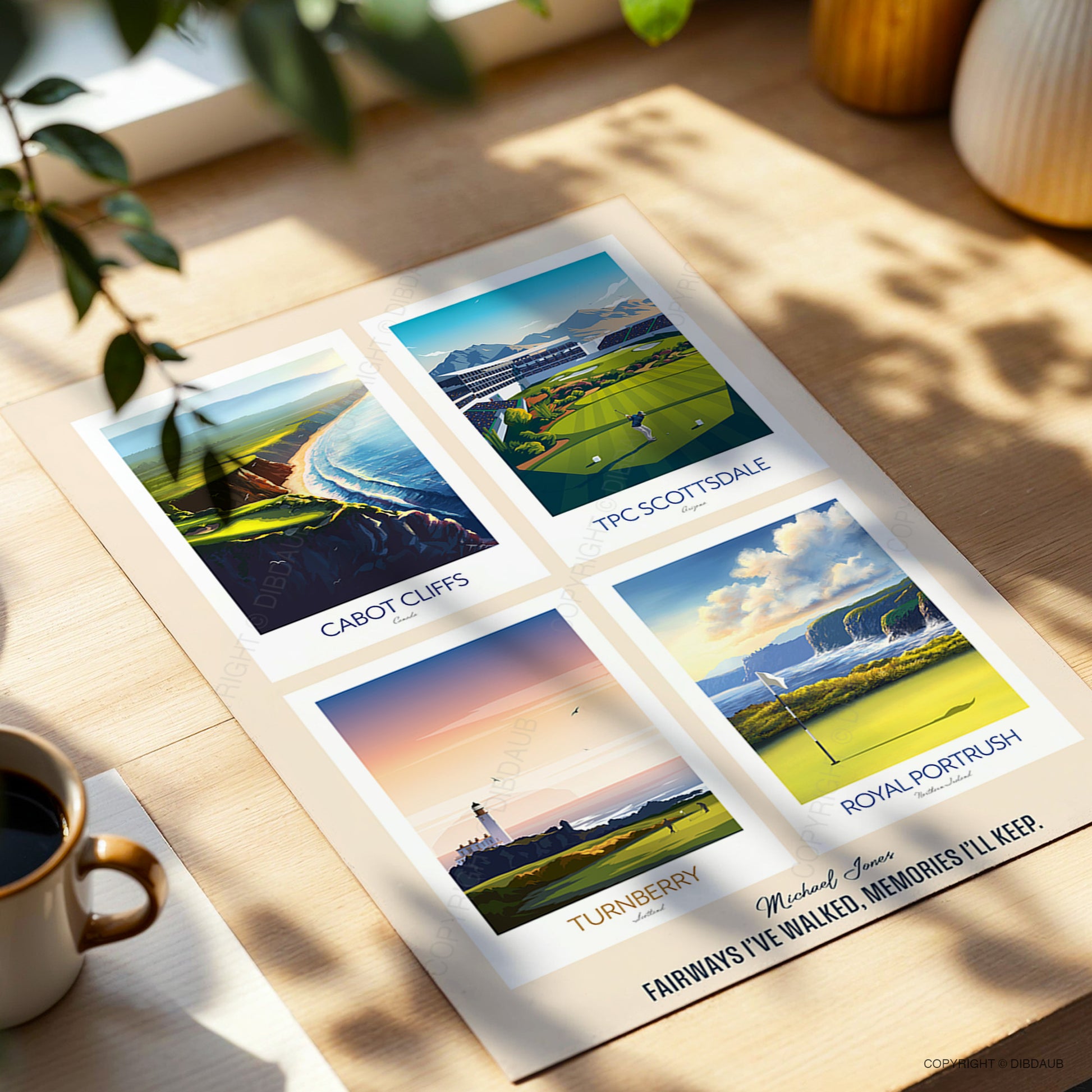 Personalised golf print  with World famous courses and personal message, sitting on a wooden surface with a cup of coffee.