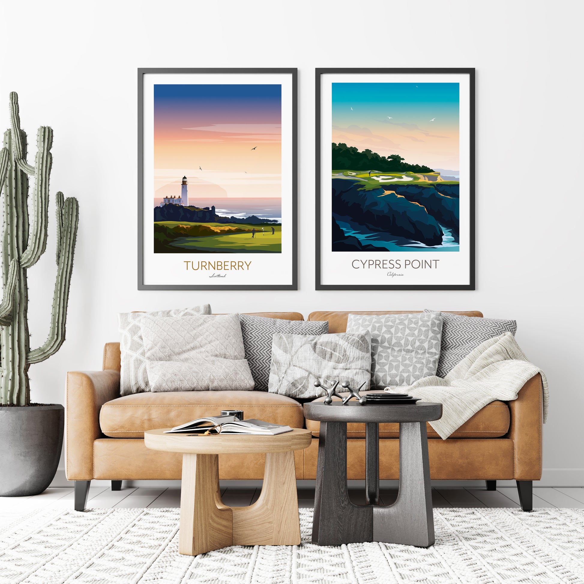 Living room with a brown sofa, coffee table, and two framed golf course art prints on the wall.
