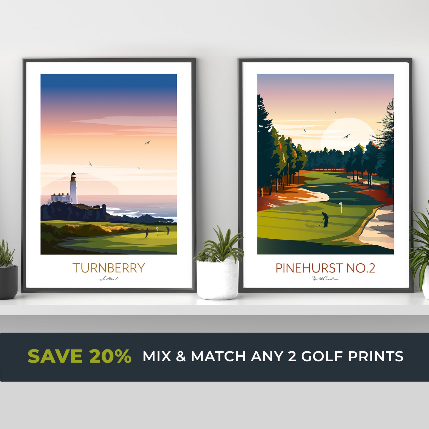 Two framed golf prints of Turnberry and Pinehurst No. 2 on a shelf with promotional text.