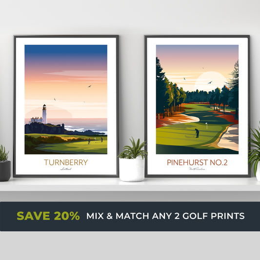 Two framed golf prints of Turnberry and Pinehurst No. 2 on a shelf with promotional text.