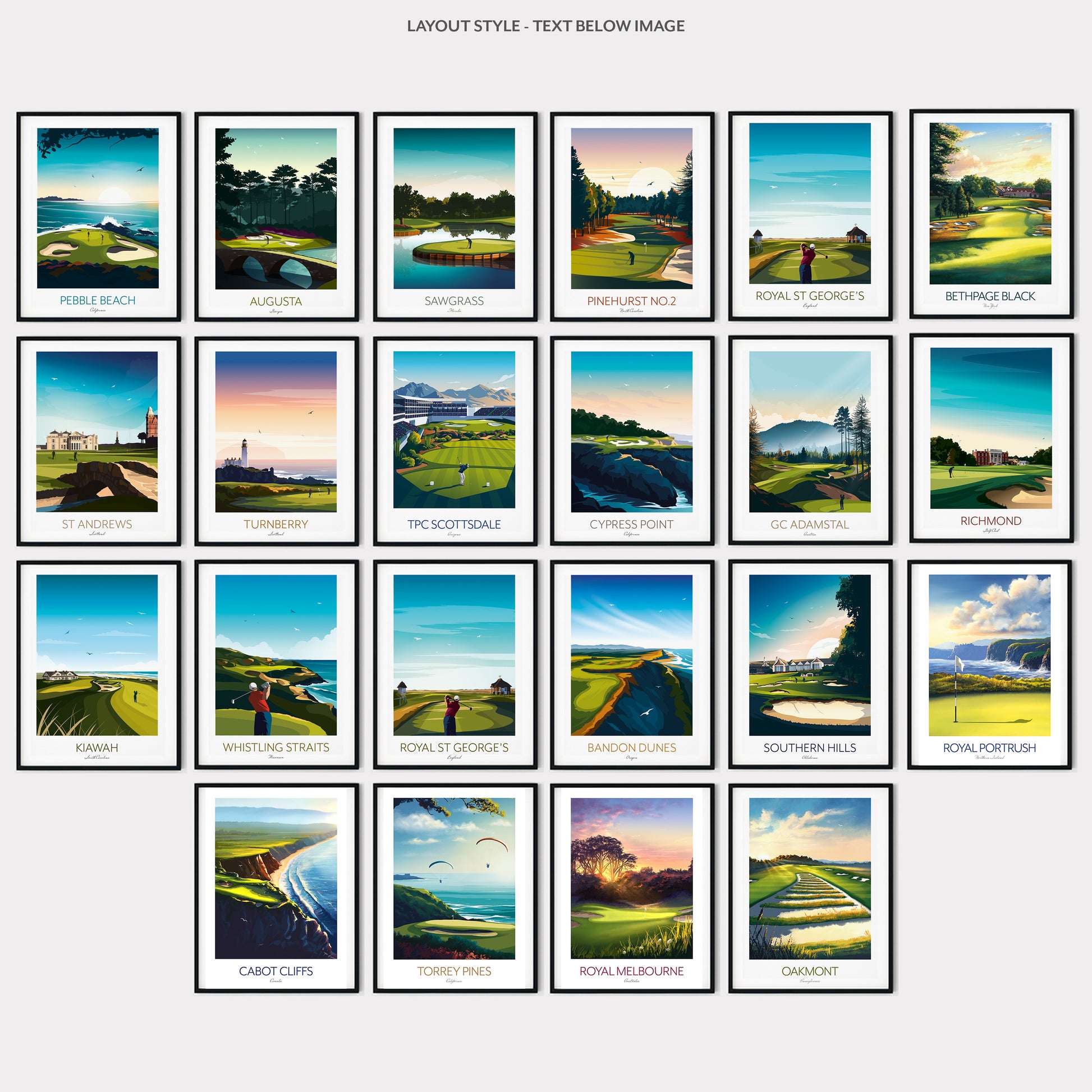 World famous framed golf course prints displayed on gallery wall.