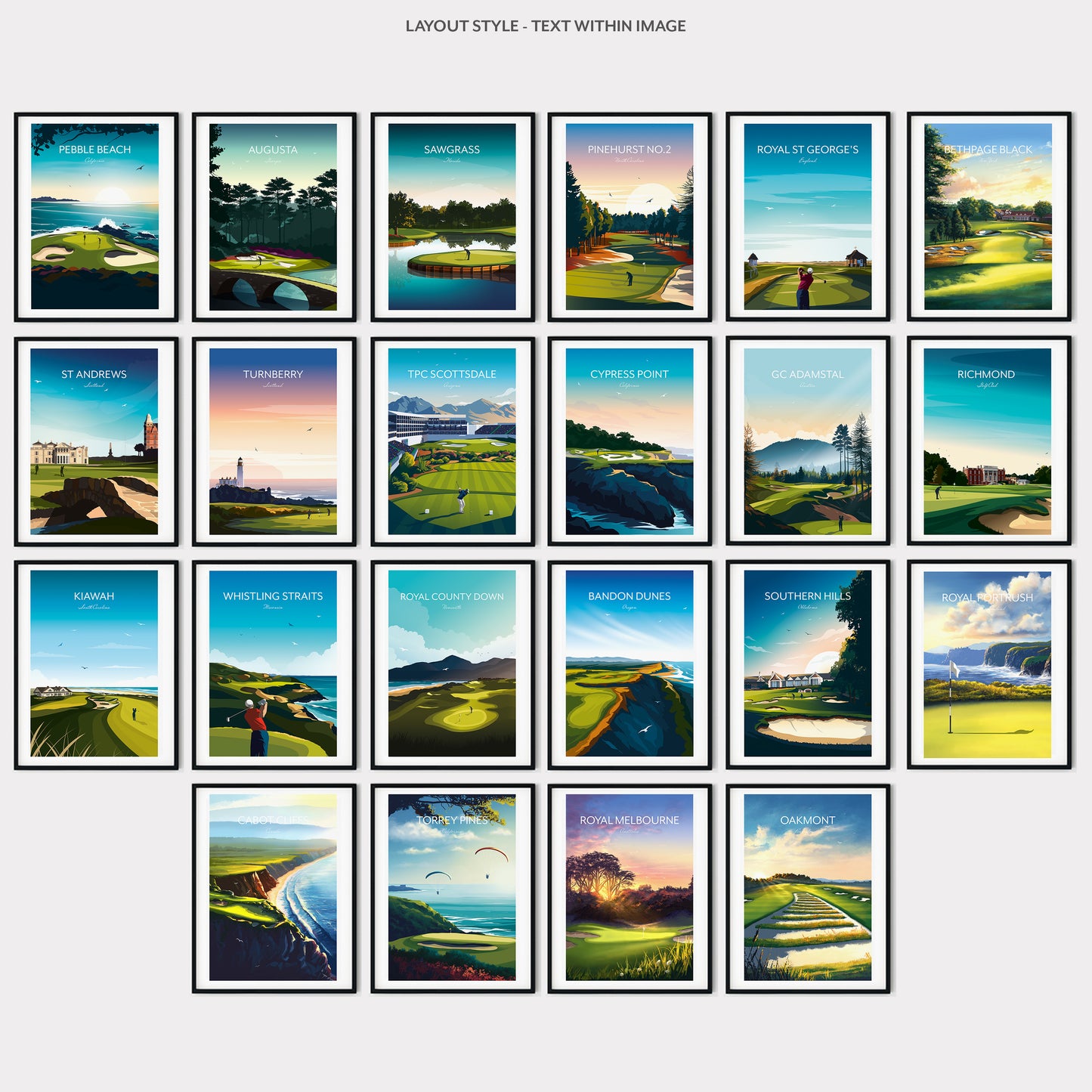 Gallery Wall of world famous golf course art prints framed and placed in a grid layout.