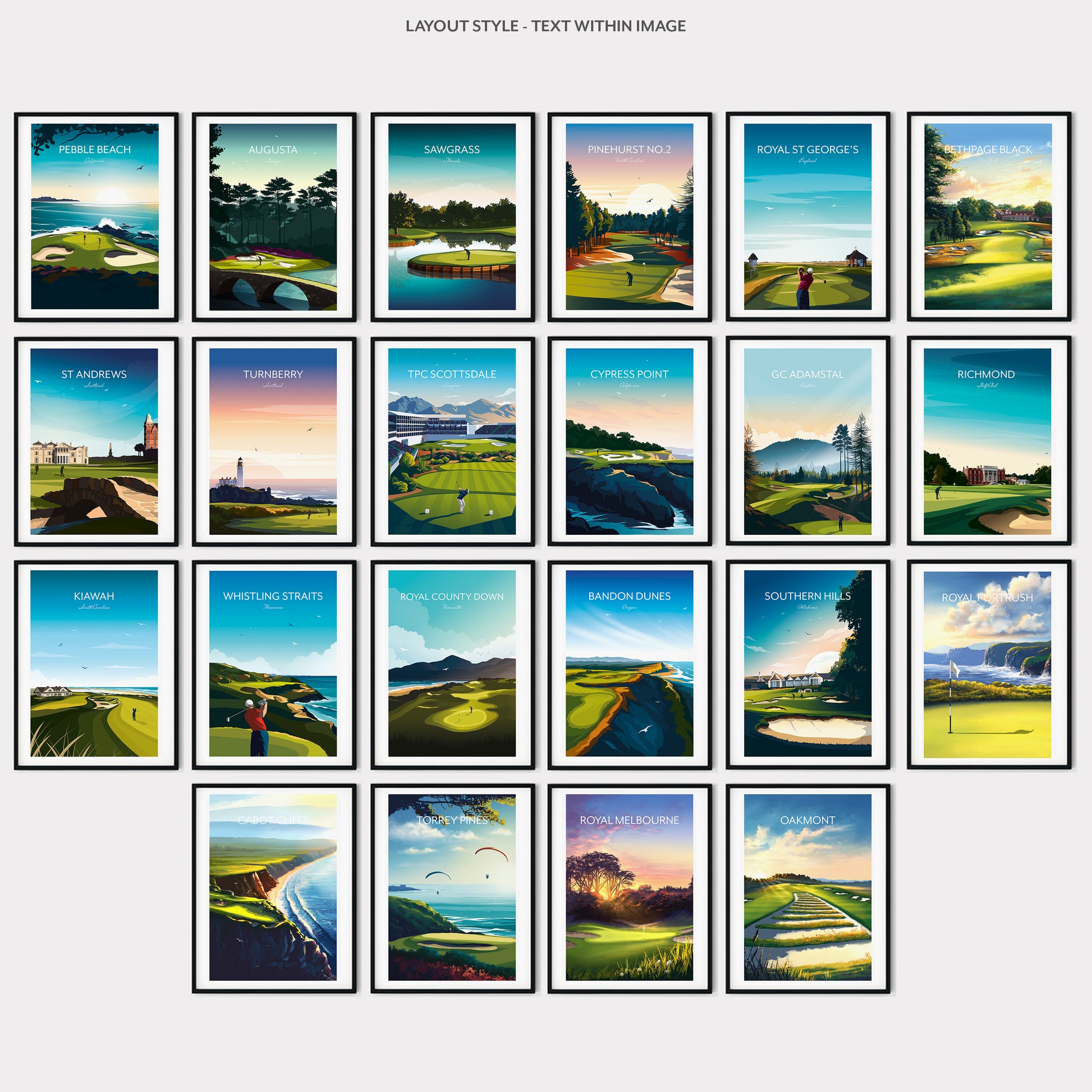 Gallery Wall of world famous golf course art prints framed and placed in a grid layout.
