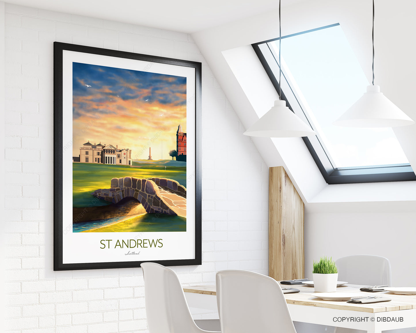 Golf-themed home decor of St Andrews golf course in a modern white studio apartment .