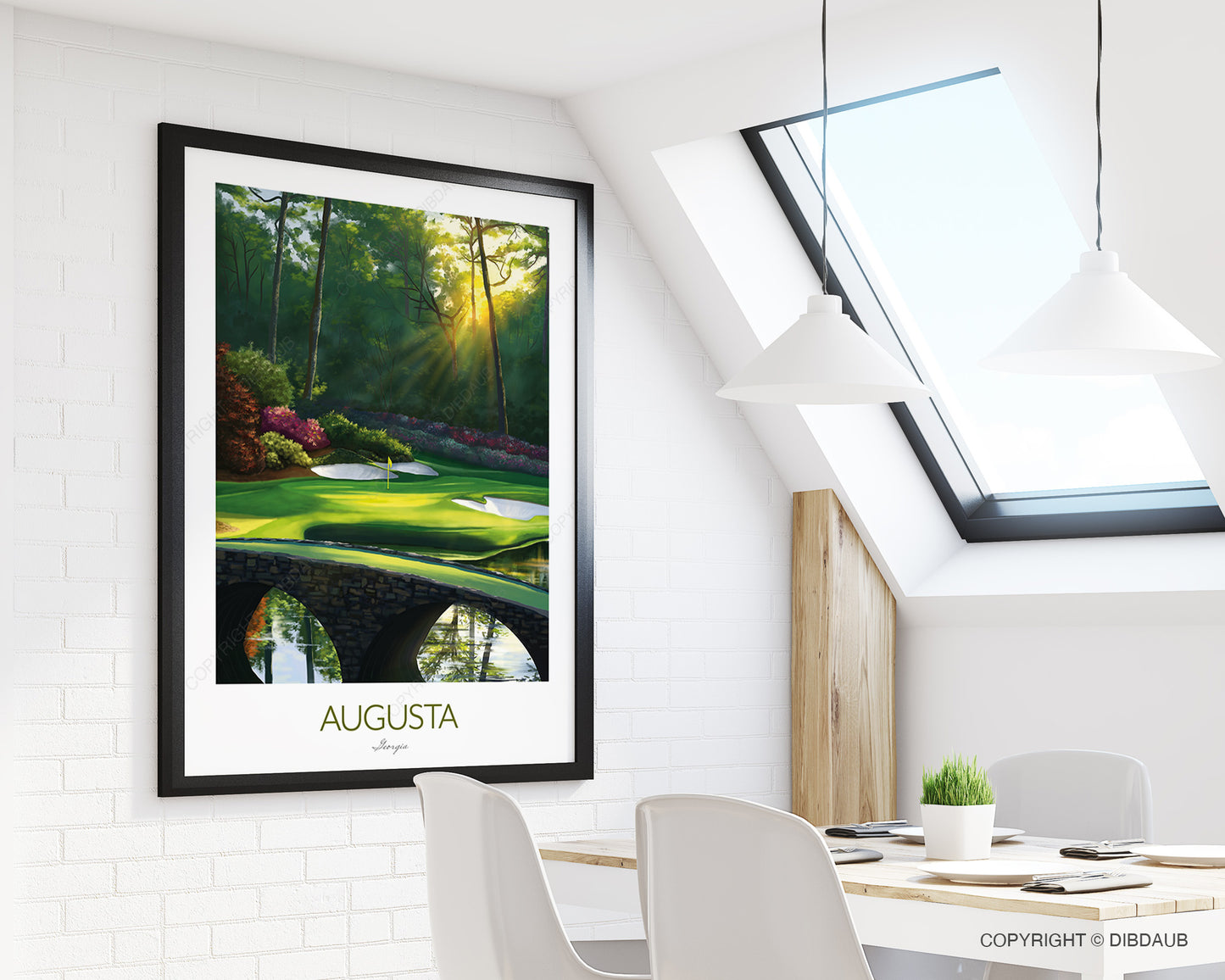 Framed poster of the famous Augusta Golden Bell golf hole in a modern room with white walls and furniture.