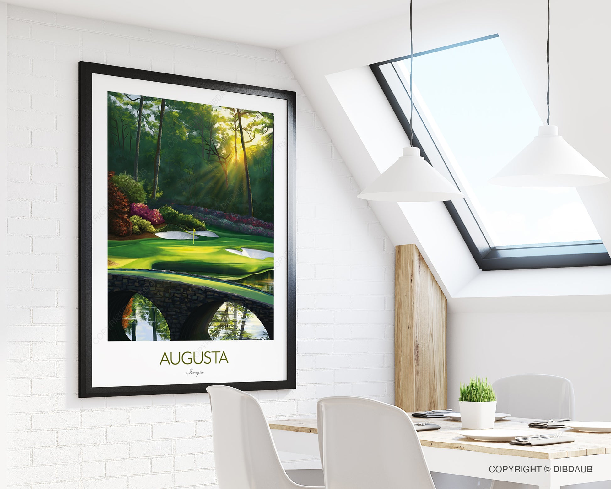 Framed poster of the famous Augusta Golden Bell golf hole in a modern room with white walls and furniture.