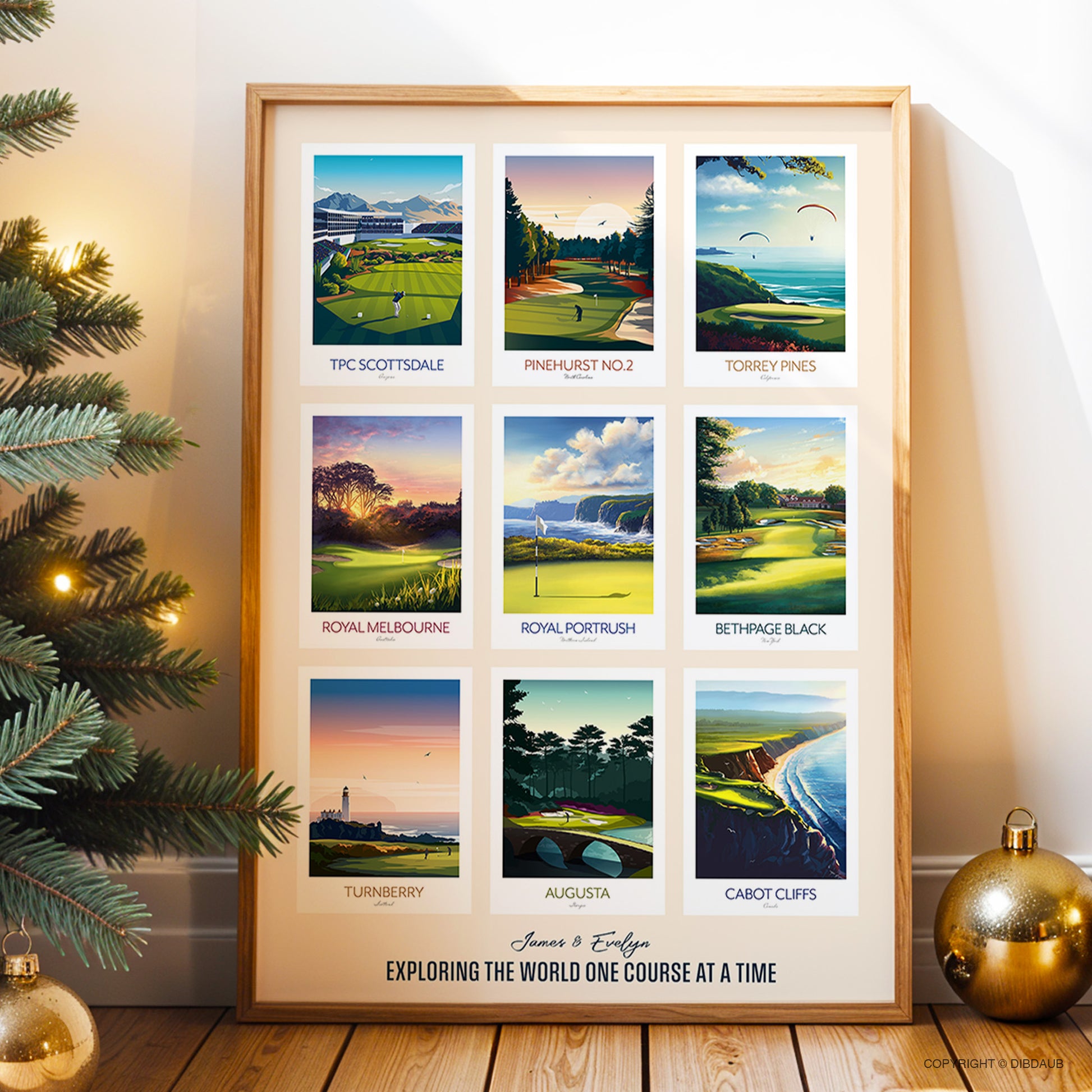 Personalised framed golf art print with images of golf courses and personal message sitting beside Christmas tree.