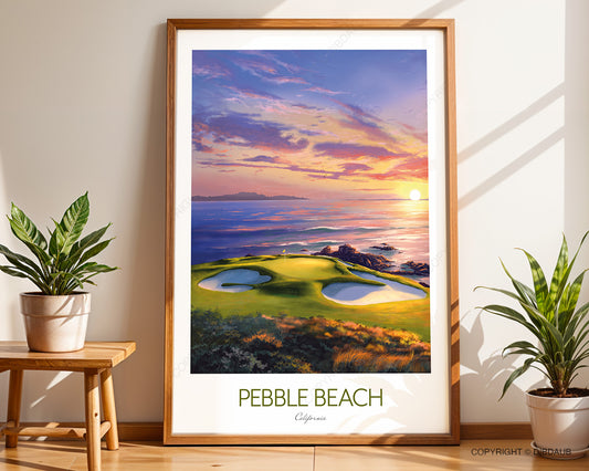 Handcrafted Pebble Beach golf print featuring the iconic 7th hole at sunset overlooking the Pacific Ocean.