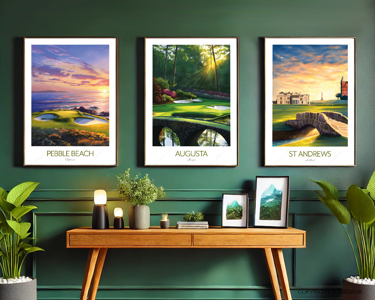 Augusta, St Andrews & Pebble Beach Golf Prints Set | Iconic Golf Course Wall Art Trio