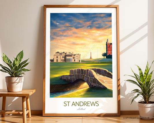 Handcrafted St Andrews golf print framed, featuring the 18th hole, Swilcan Bridge, and clubhouse at sunset