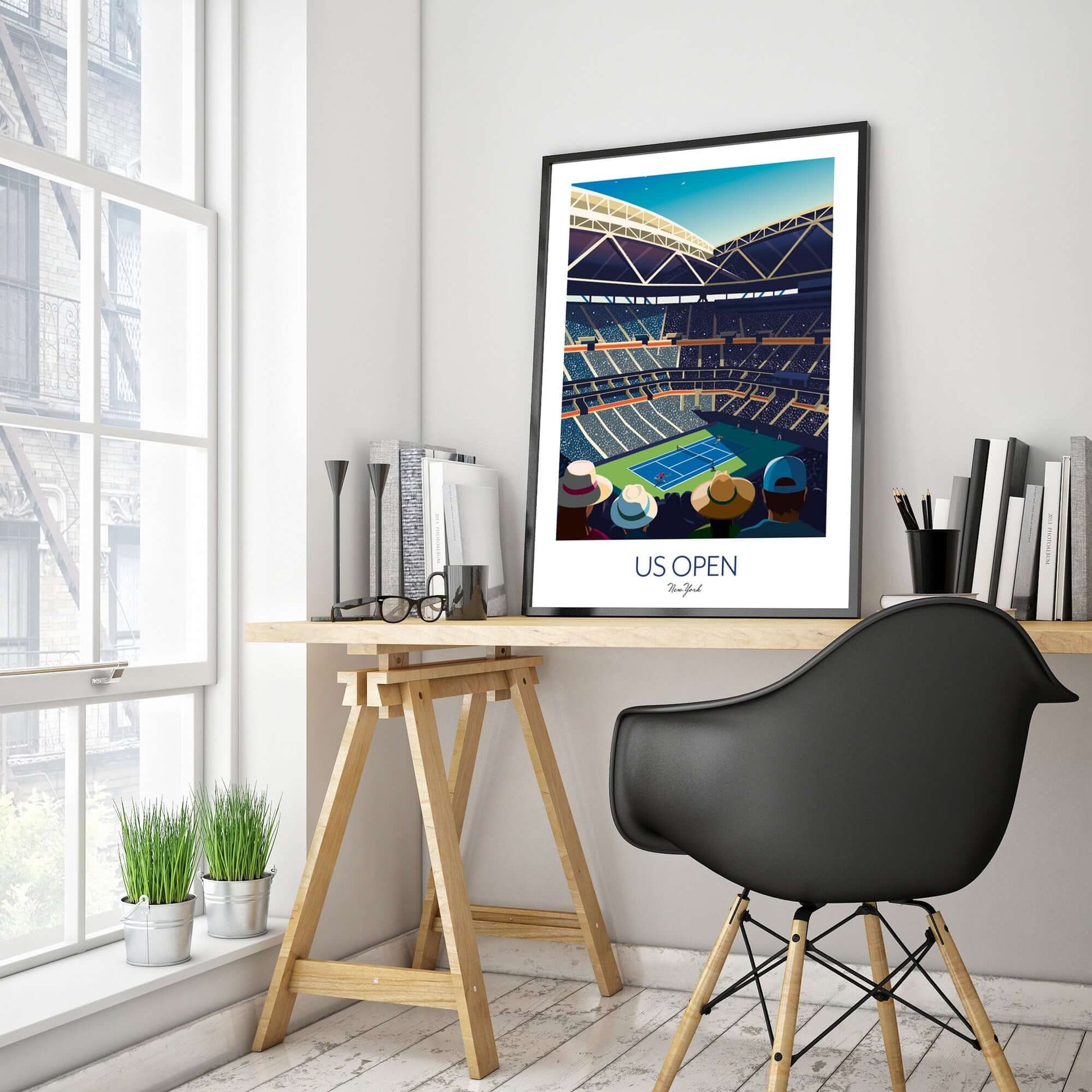 US Open framed contemporary tennis art print, displayed on a desk in a home study.