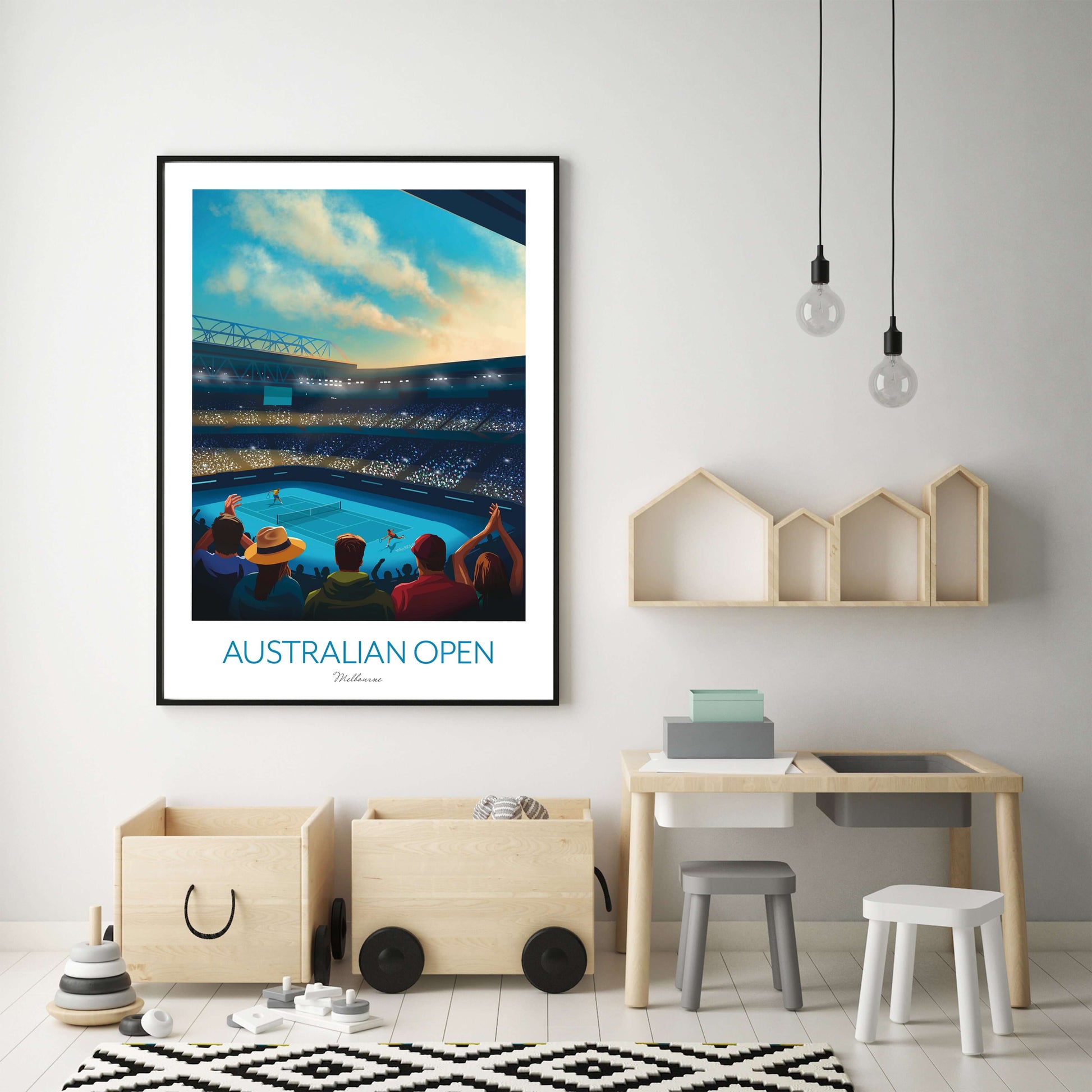 Kids bedroom tennis print wall art of the Australian Open.