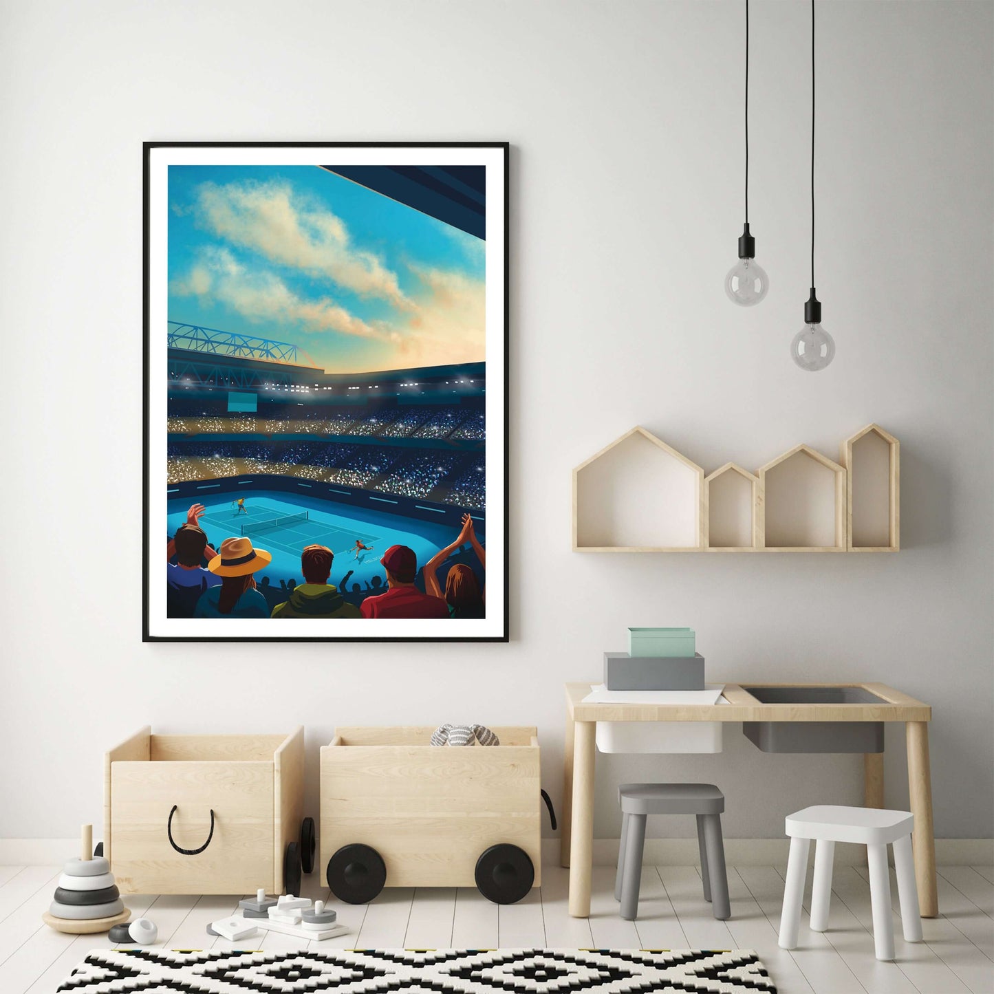 Tennis wall art of the Australian Open framed and displayed in kids bedroom above a toy box.