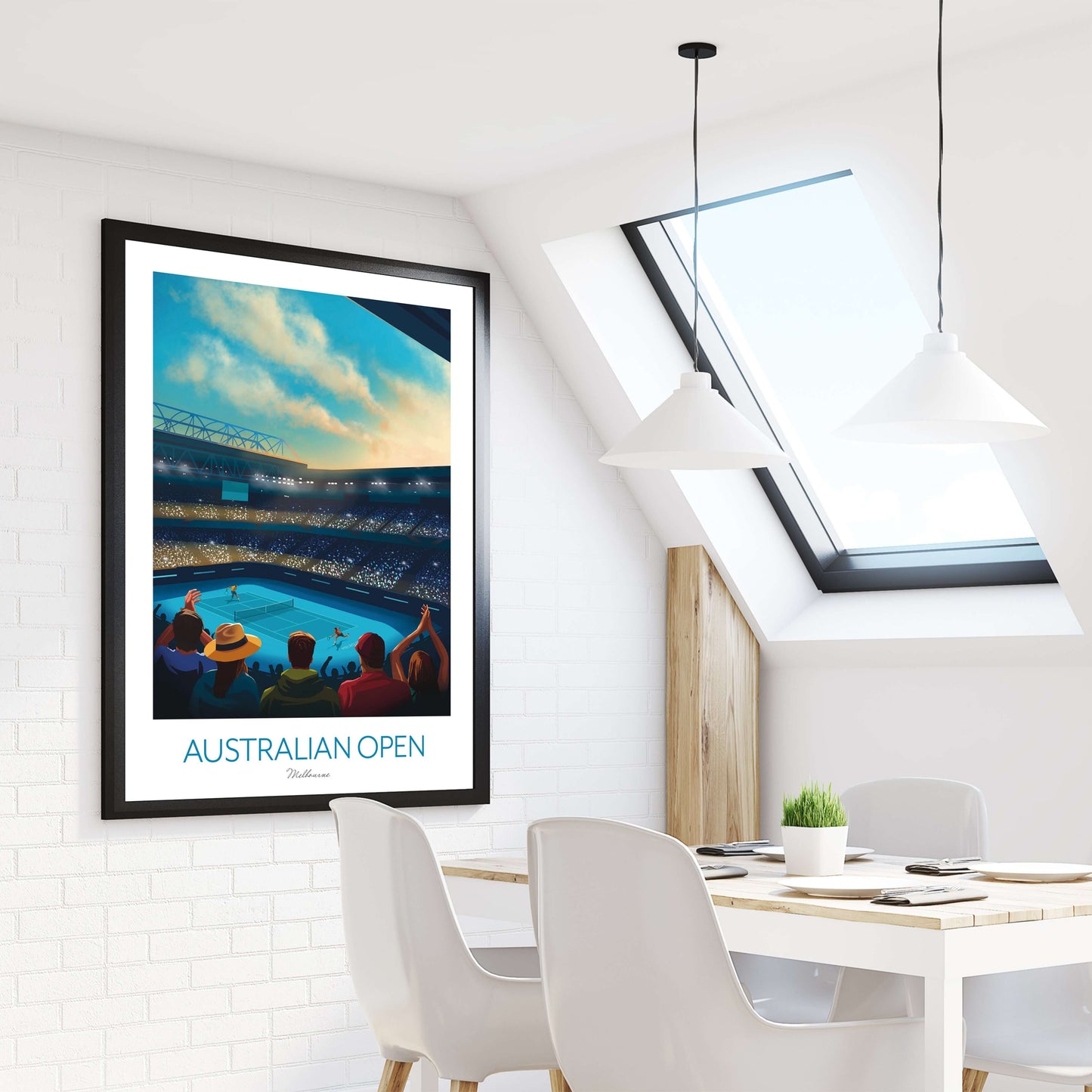 A1 framed tennis print of the Australian Open, displayed on an apartment interior wall.