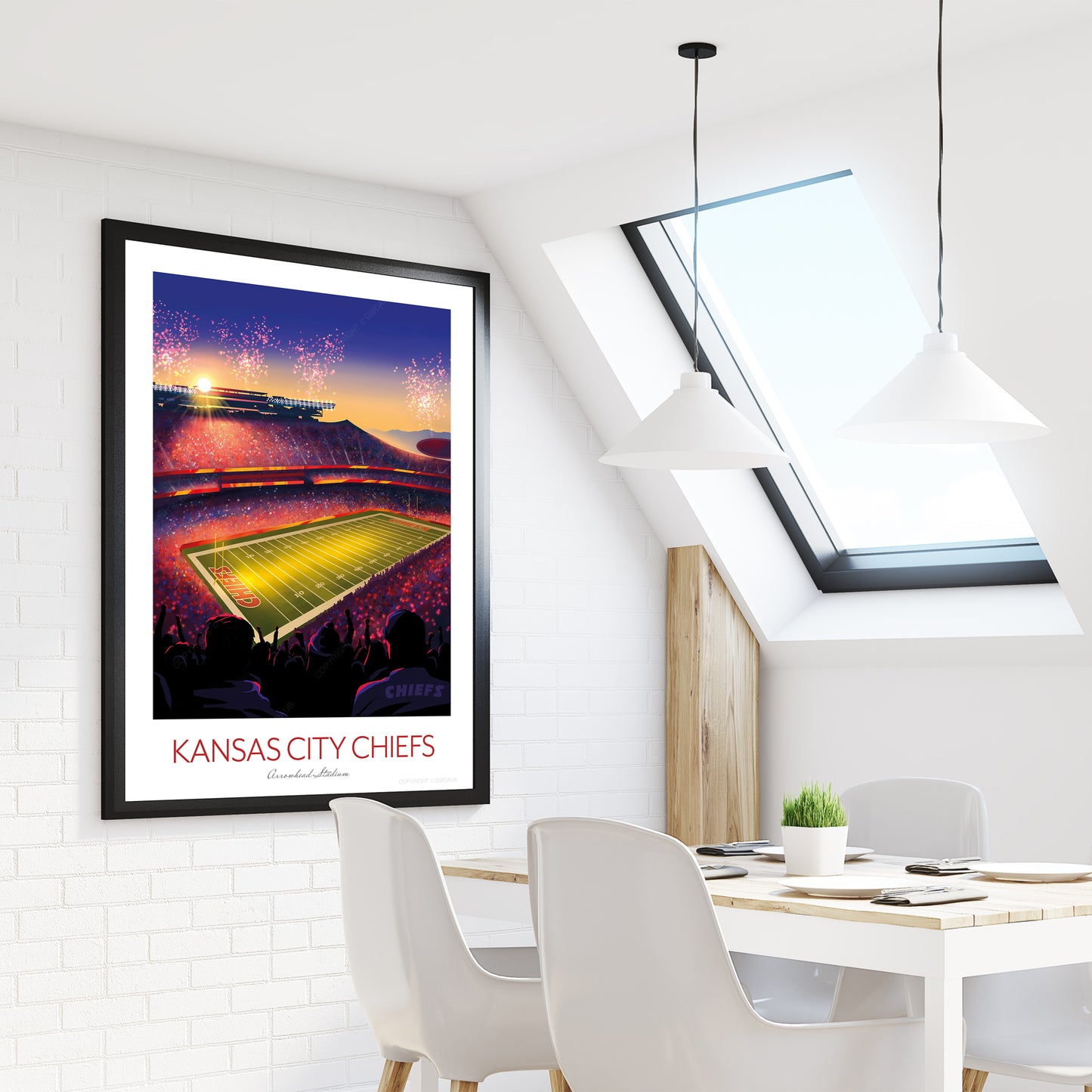 Framed sports team poster of Kansas City Chiefs in a modern dining room.