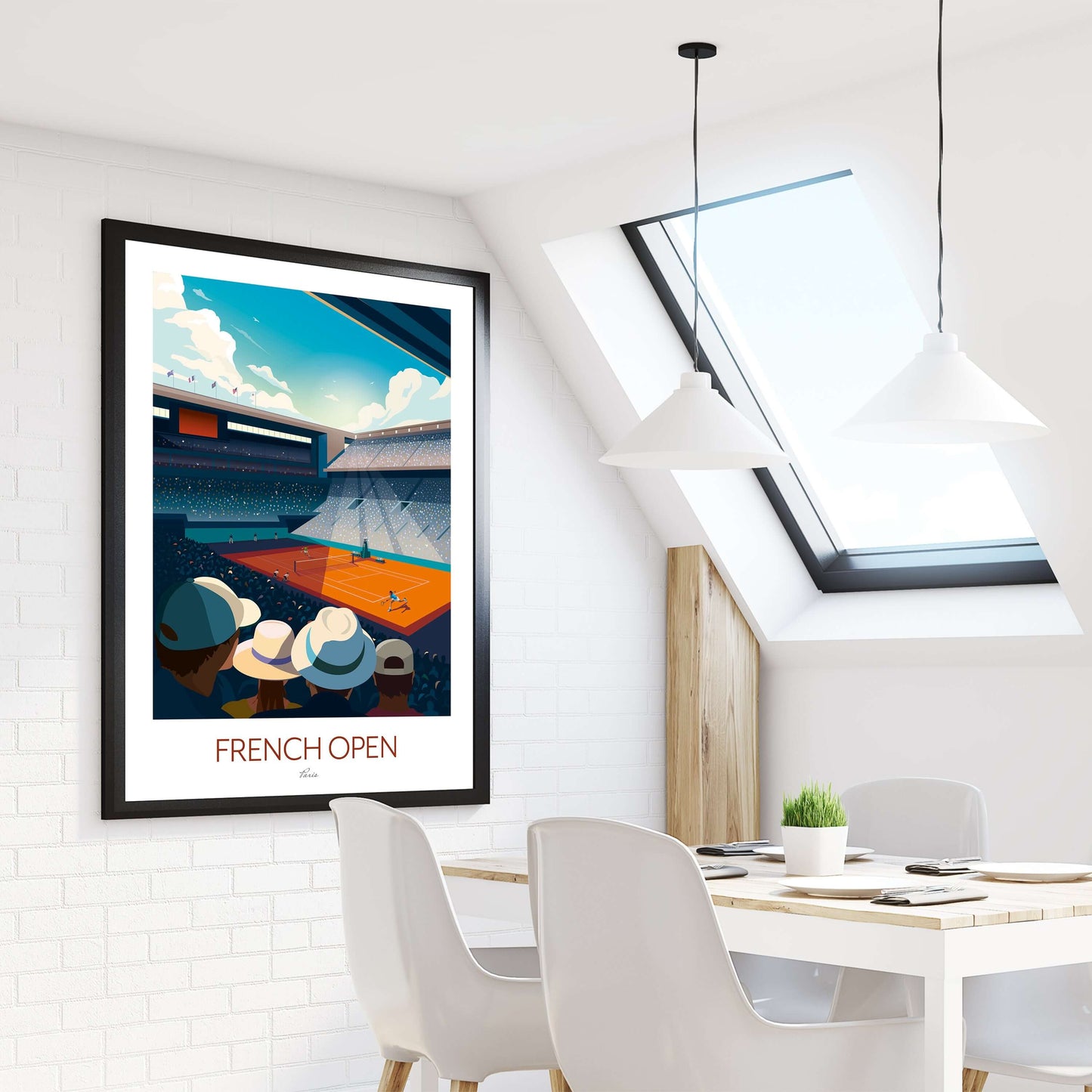 Roland Garros tennis art print in a black frame, displayed in a modern apartment loft.