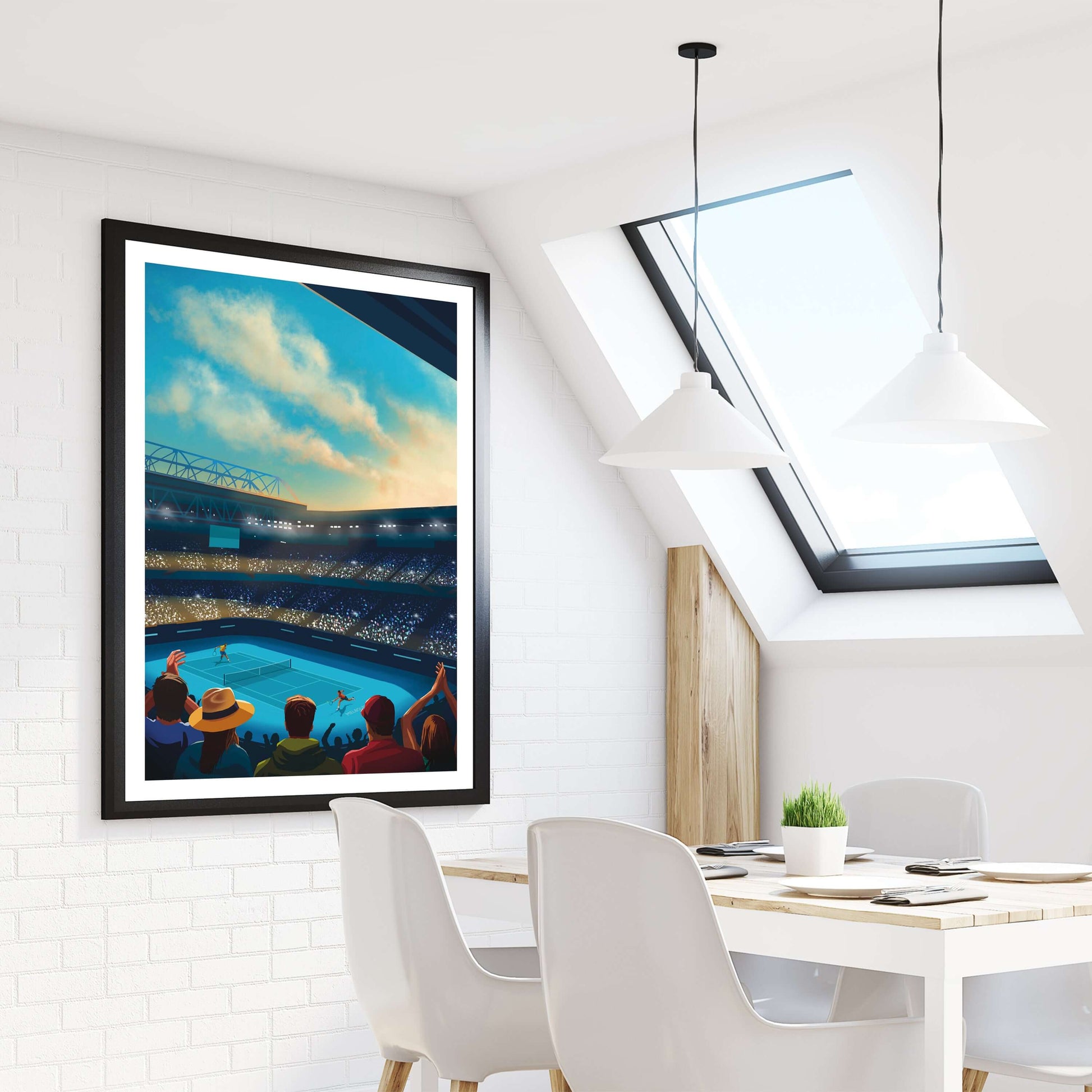 Framed tennis print of Rod Laver Arena, hanging on a kitchen wall beside the dining table and window.