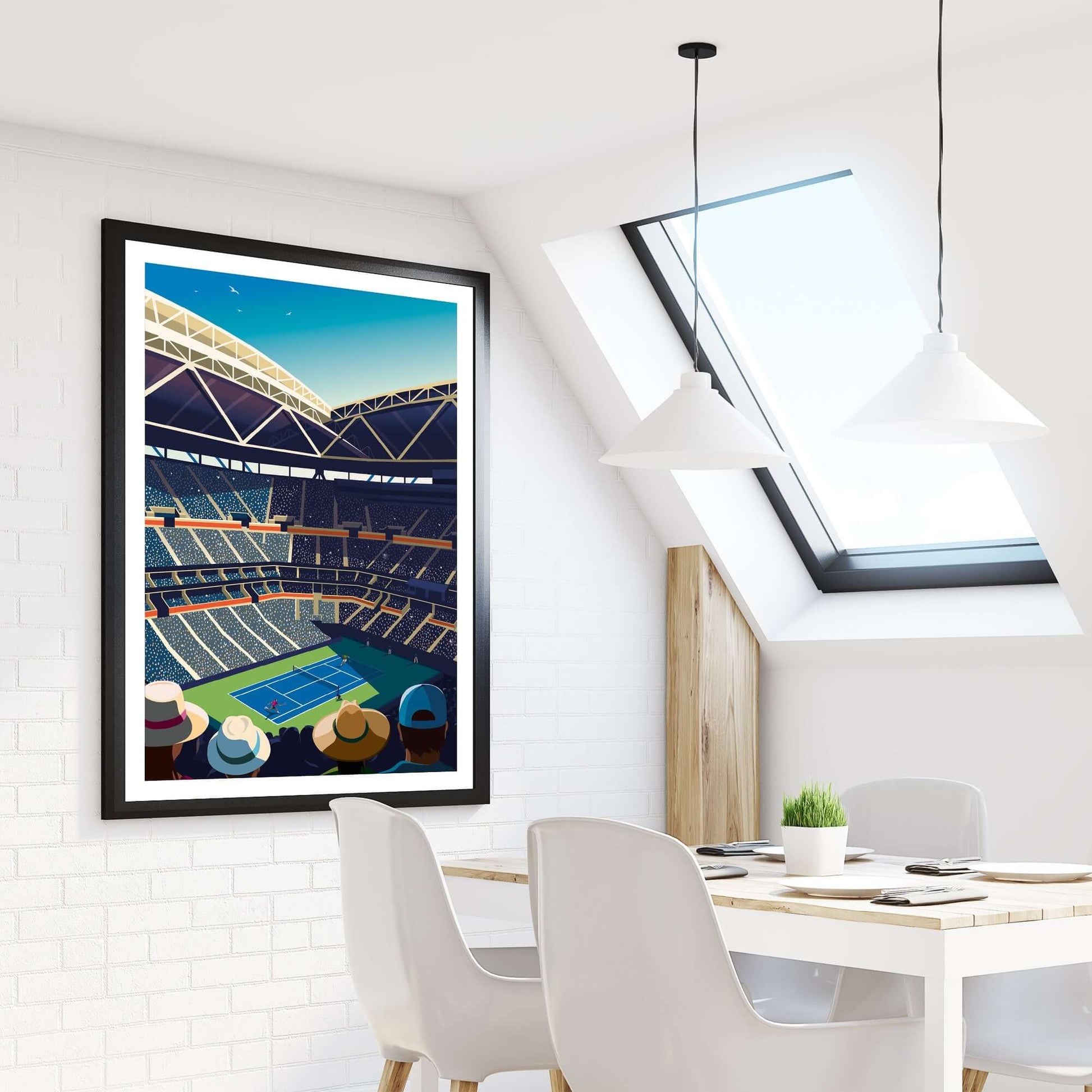 Framed tennis poster of Flushing Meadows, displayed on an apartment wall beside a dining table and window.