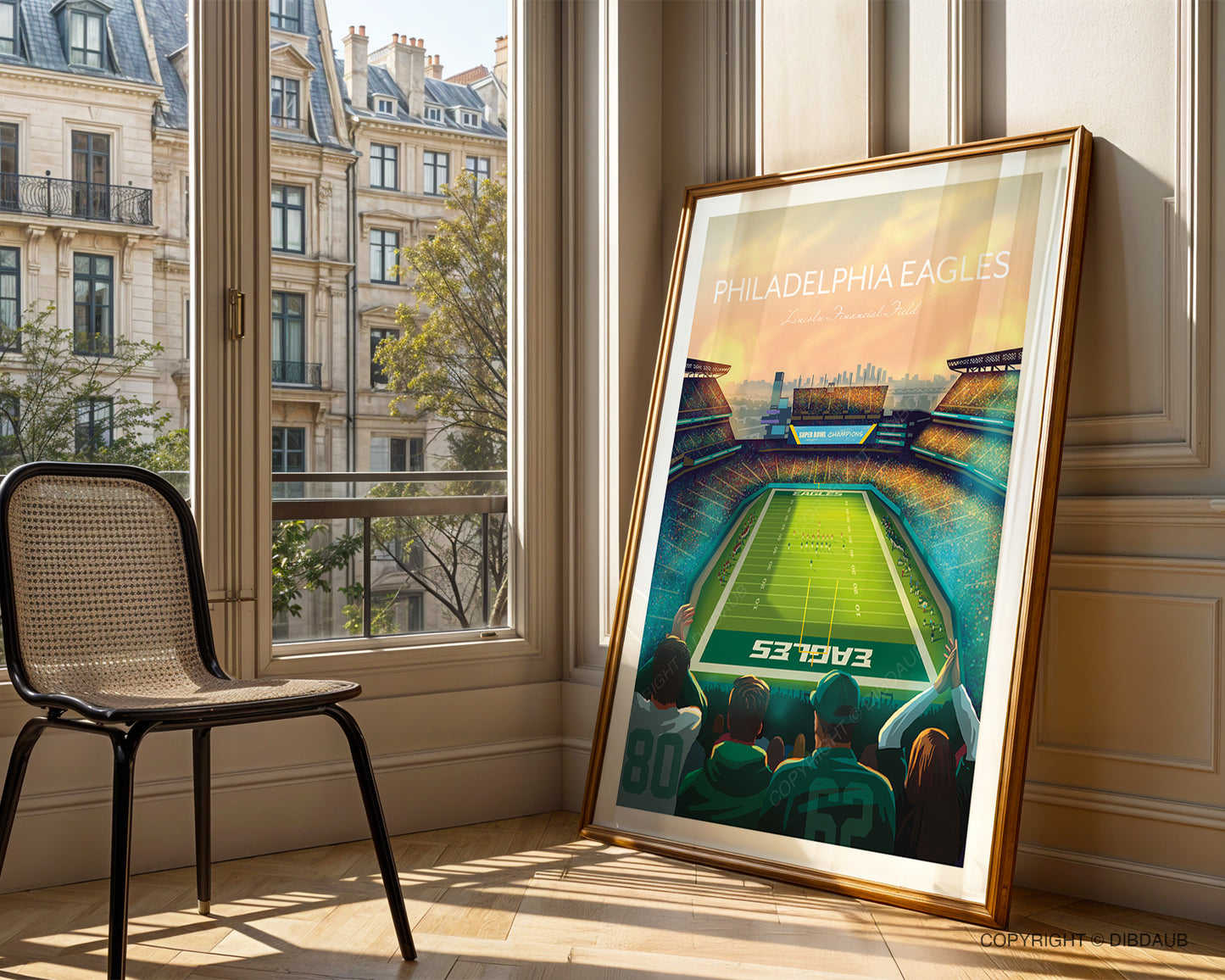 Framed sports poster of Philadelphia Eagles NFL stadium in a room with large windows.
