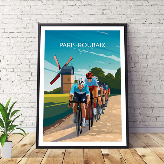 Framed art print of Print Paris Roubaix cycling race. This vibrant and colorful artwork depicts the peloton racing across cobble stones with an old traditional windmill in the background. 