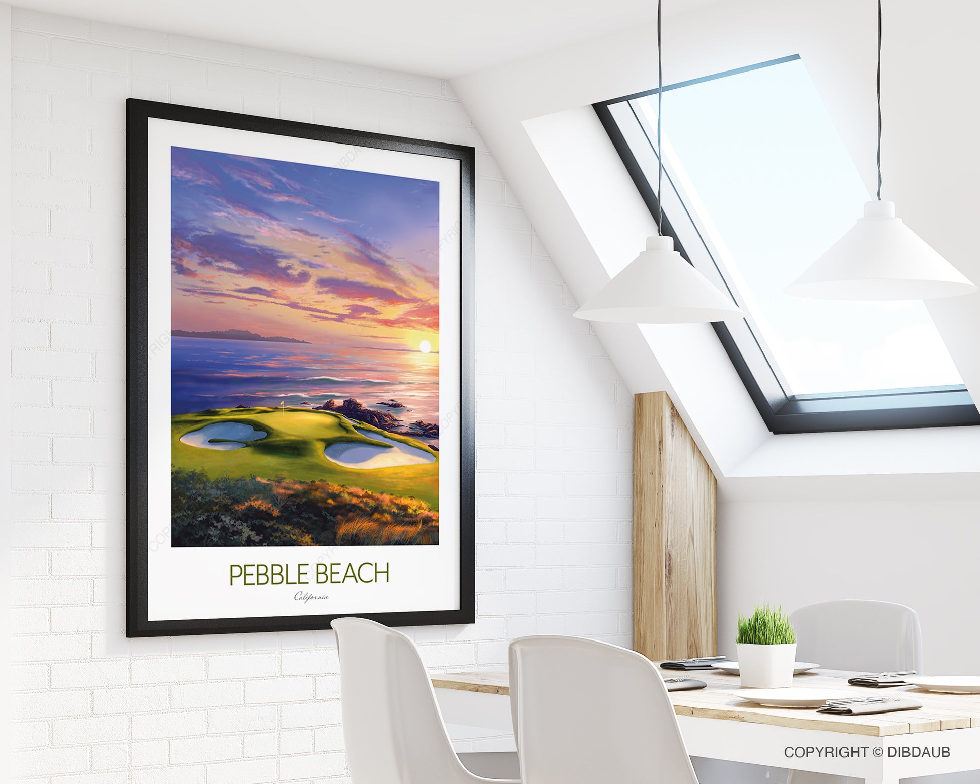 Framed artwork of Pebble Beach golf course on a wall in a modern apartment. Handcrafted golf artwork of Pebble Beach 7th hole with rich colours and realistic detail.
