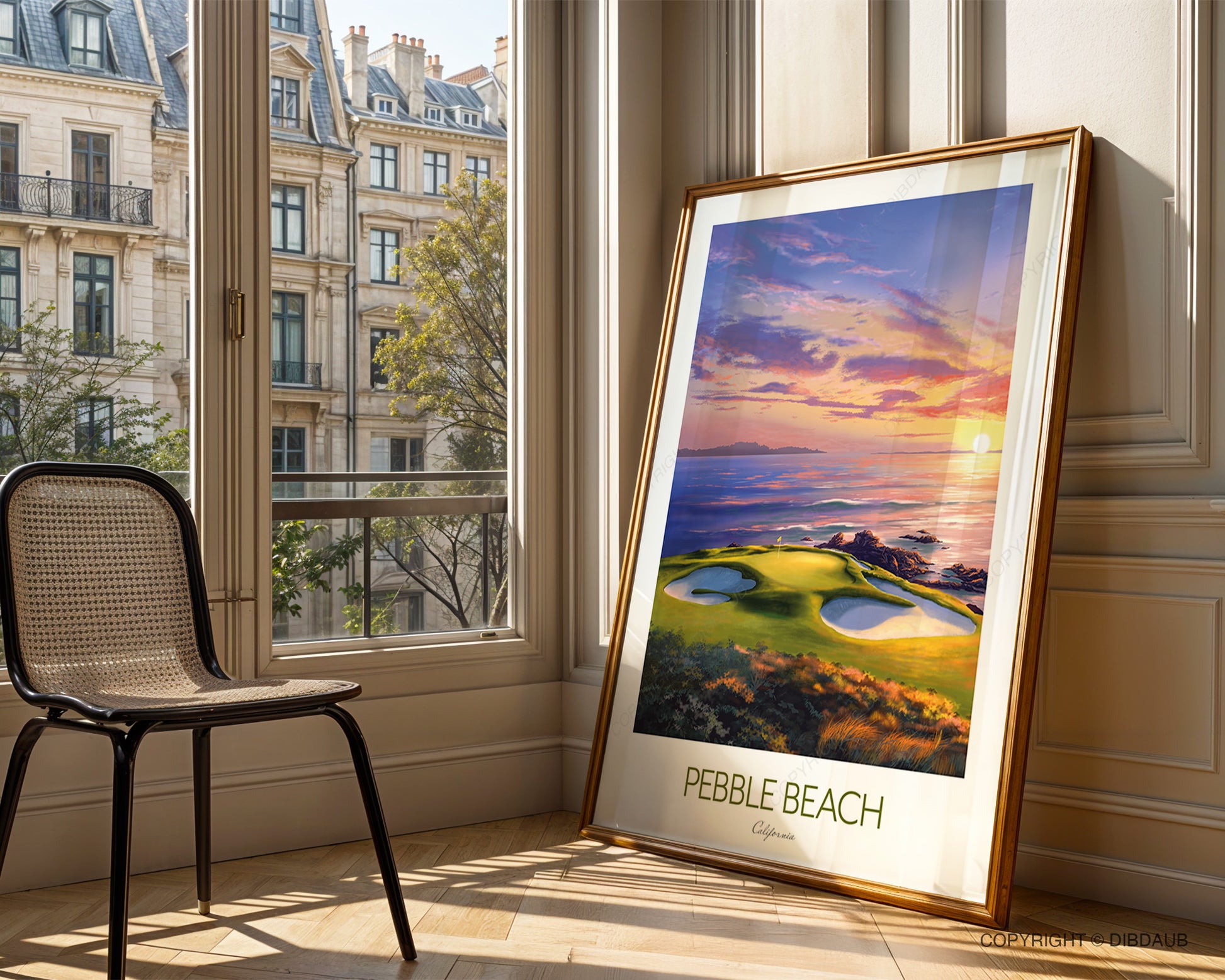 Detailed Pebble Beach wall art showing the 7th hole with vibrant sunset colours and coastal cliffs.
