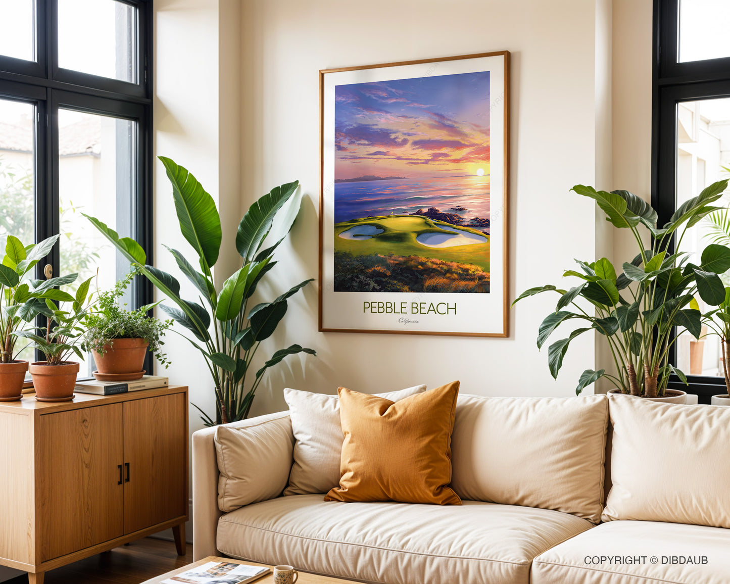 Living room with beige sofa, decorative pillows, and a framed picture of Pebble Beach Golf Links 7th hole artwork with glowing sunset light reflecting across the ocean.