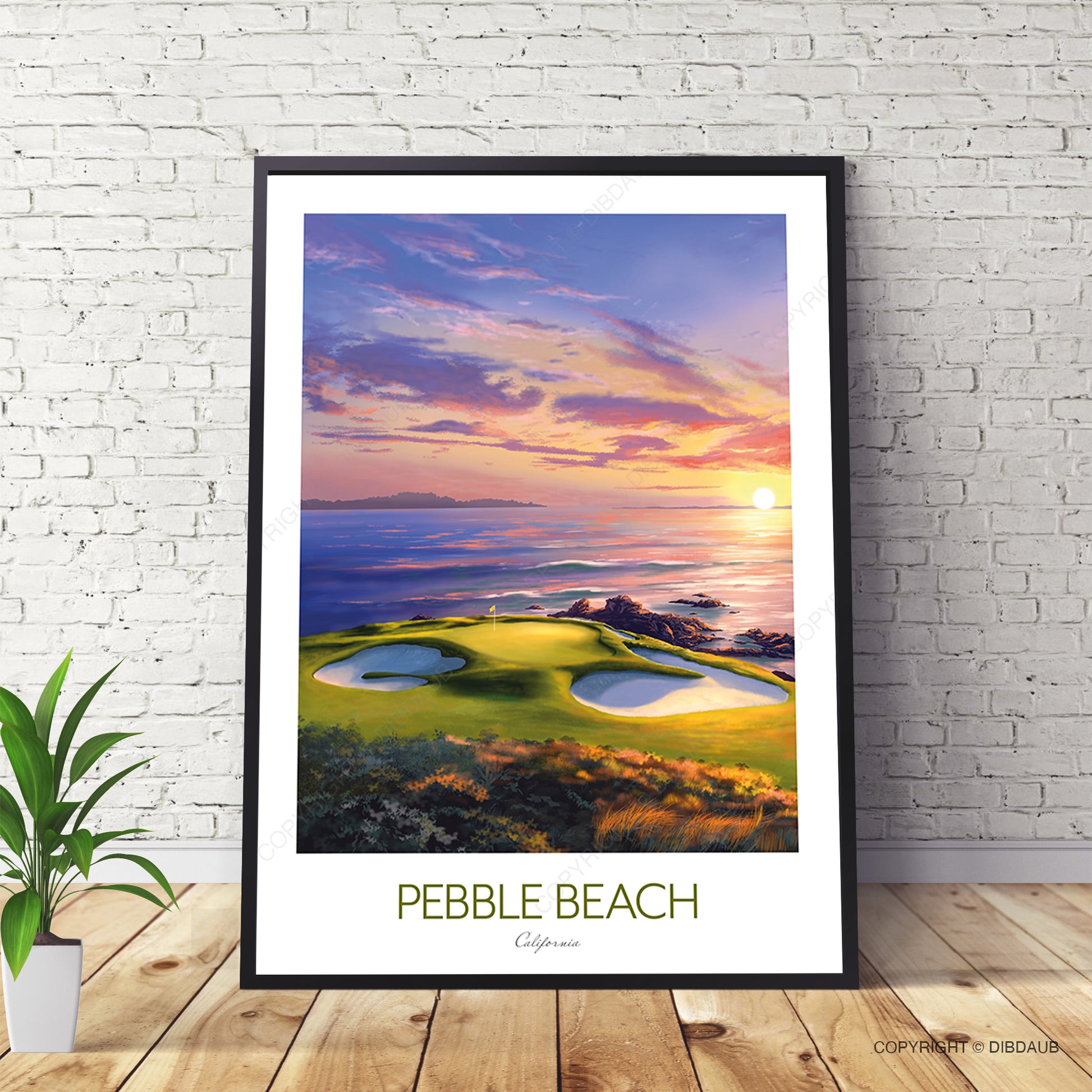 Framed wall art of Pebble Beach golf course at sunset.
