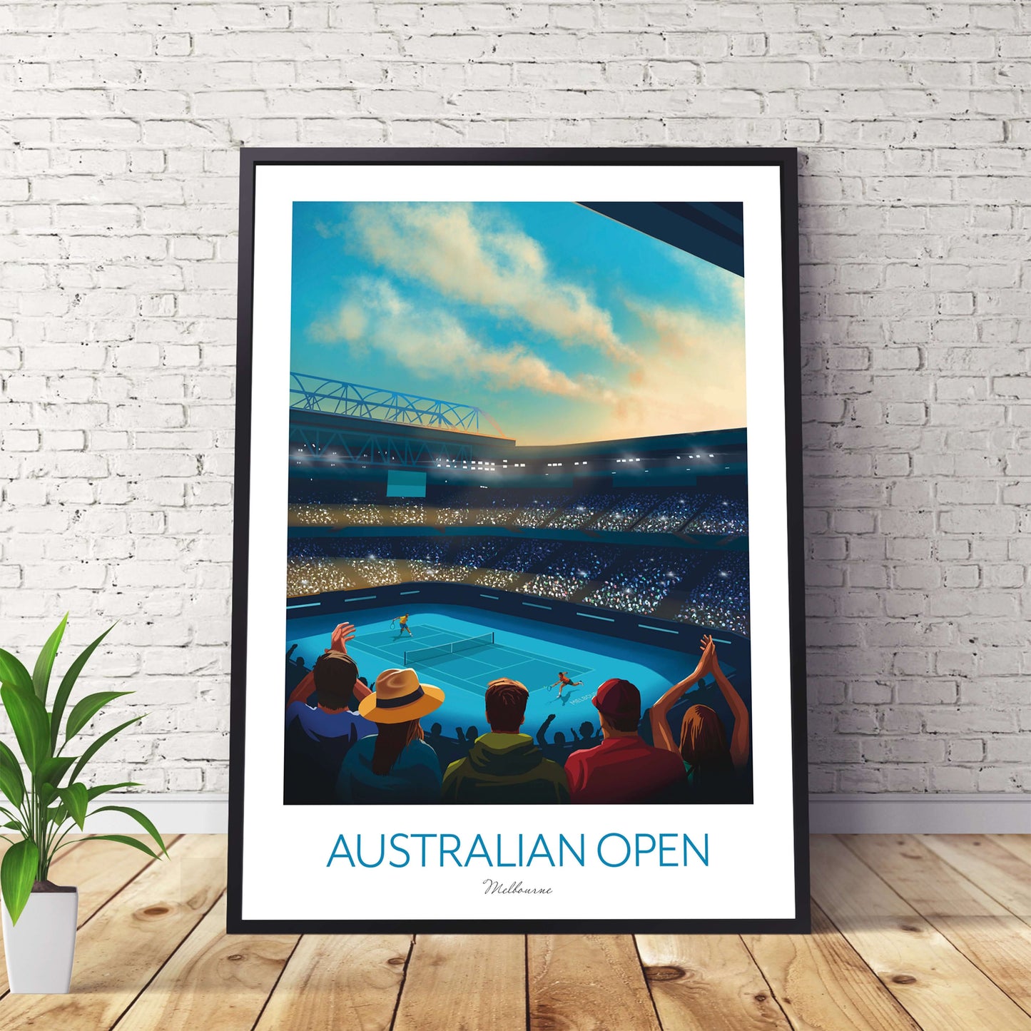 Framed tennis poster of the Australian Open, depicting fans cheering on players in the Rod Laver Arena.