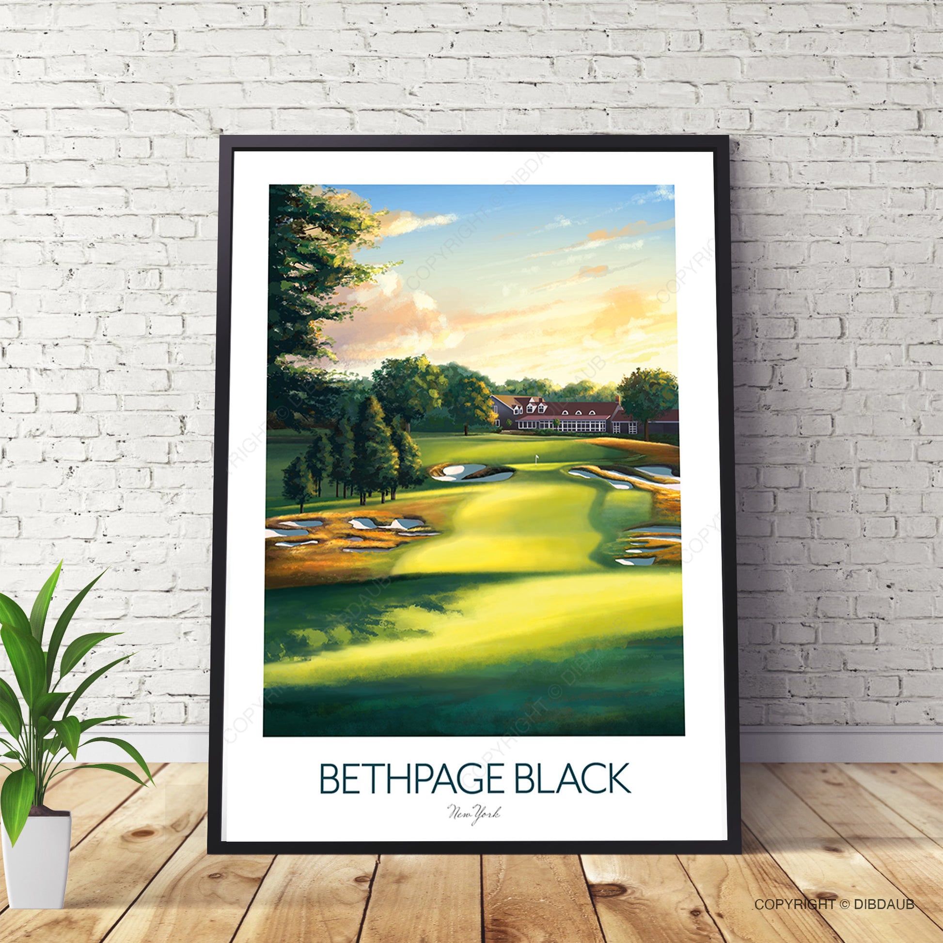 Framed artwork of Bethpage Black golf course leaning against a white brick wall.