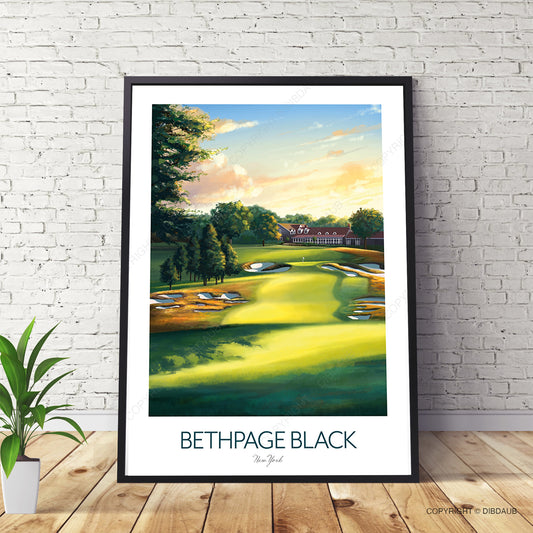 Framed artwork of Bethpage Black golf course leaning against a white brick wall.