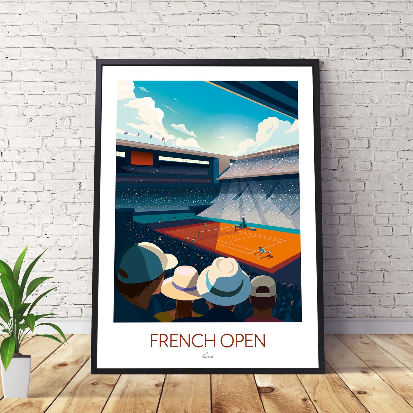 Framed French Open tennis art print depicting Rafael Nadal playing at Roland Garros in front of large crowd.