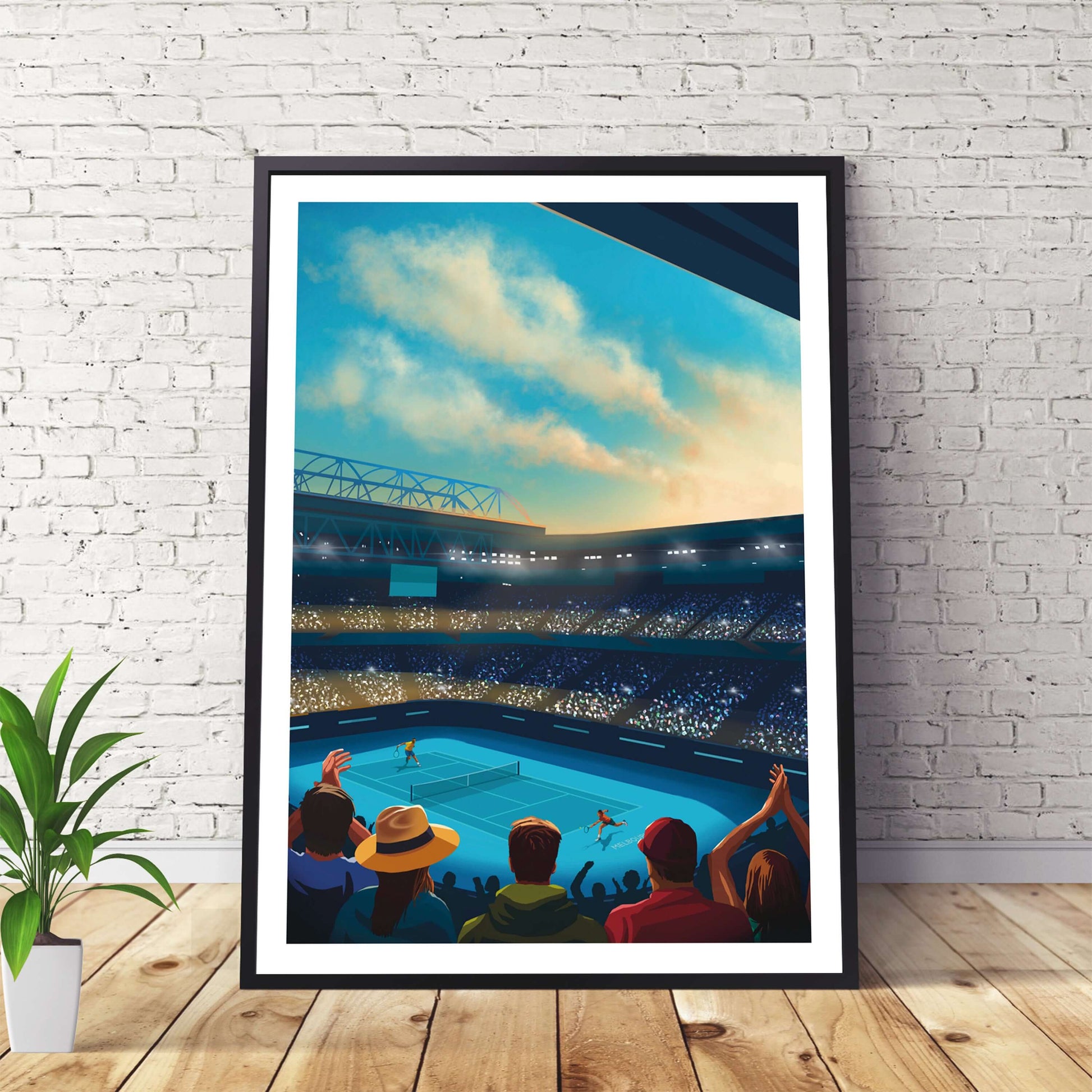 Framed Tennis print of the Australian Open, resting against the wall and floor.