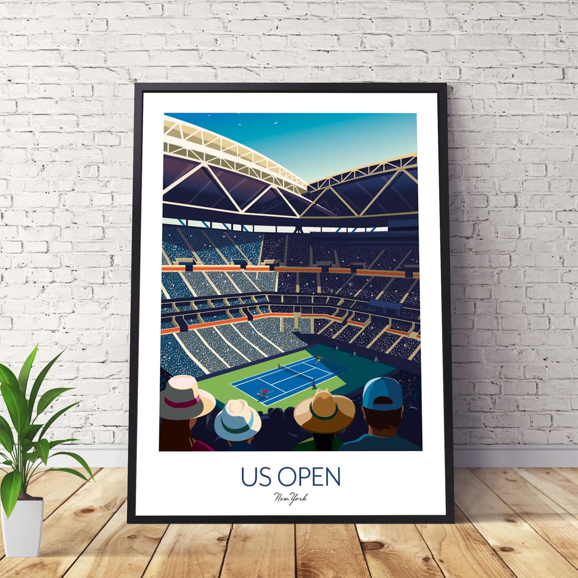 US Open framed tennis artwork of players on court at Arthur Ashe Stadium and fans cheering. 