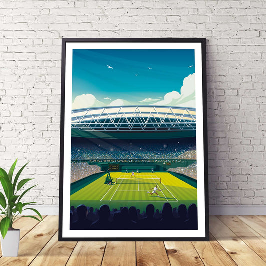 Framed Wimbledon tennis art print, depicting Roger Federer and Djokovic playing at centre court.