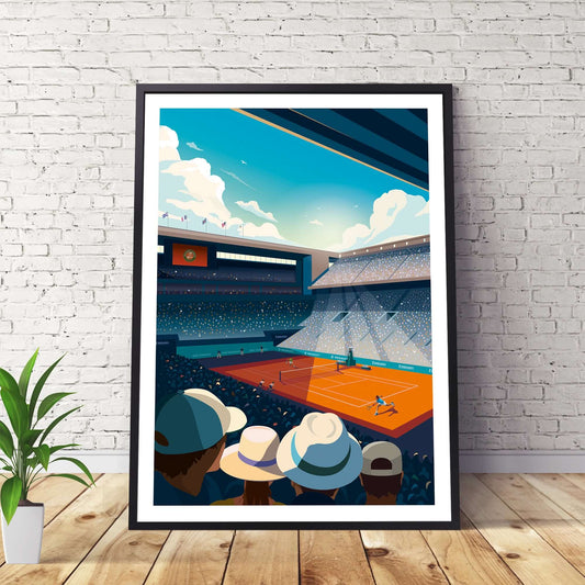 Framed French Open tennis print with Rafael Nadal in action at Stade de Roland Garros.