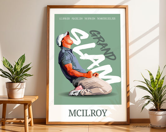 Framed Rory McIlory poster celebrating his 'Grand Slam' victory after winning The Masters at Augusta in 2025. 