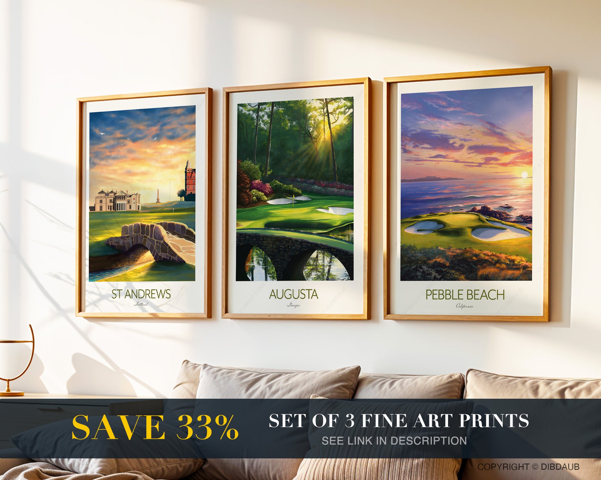 Set of 3 framed golf course art prints of St Andrews, Augusta and Pebble Beach, placed above a sofa in a living room.