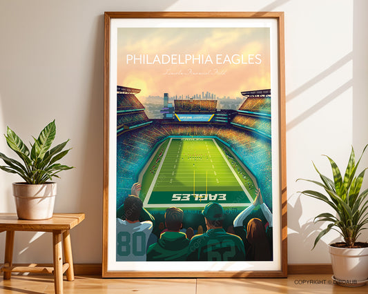 Framed poster of a football stadium with 'Philadelphia Eagles' text, placed on a wooden table with plants.